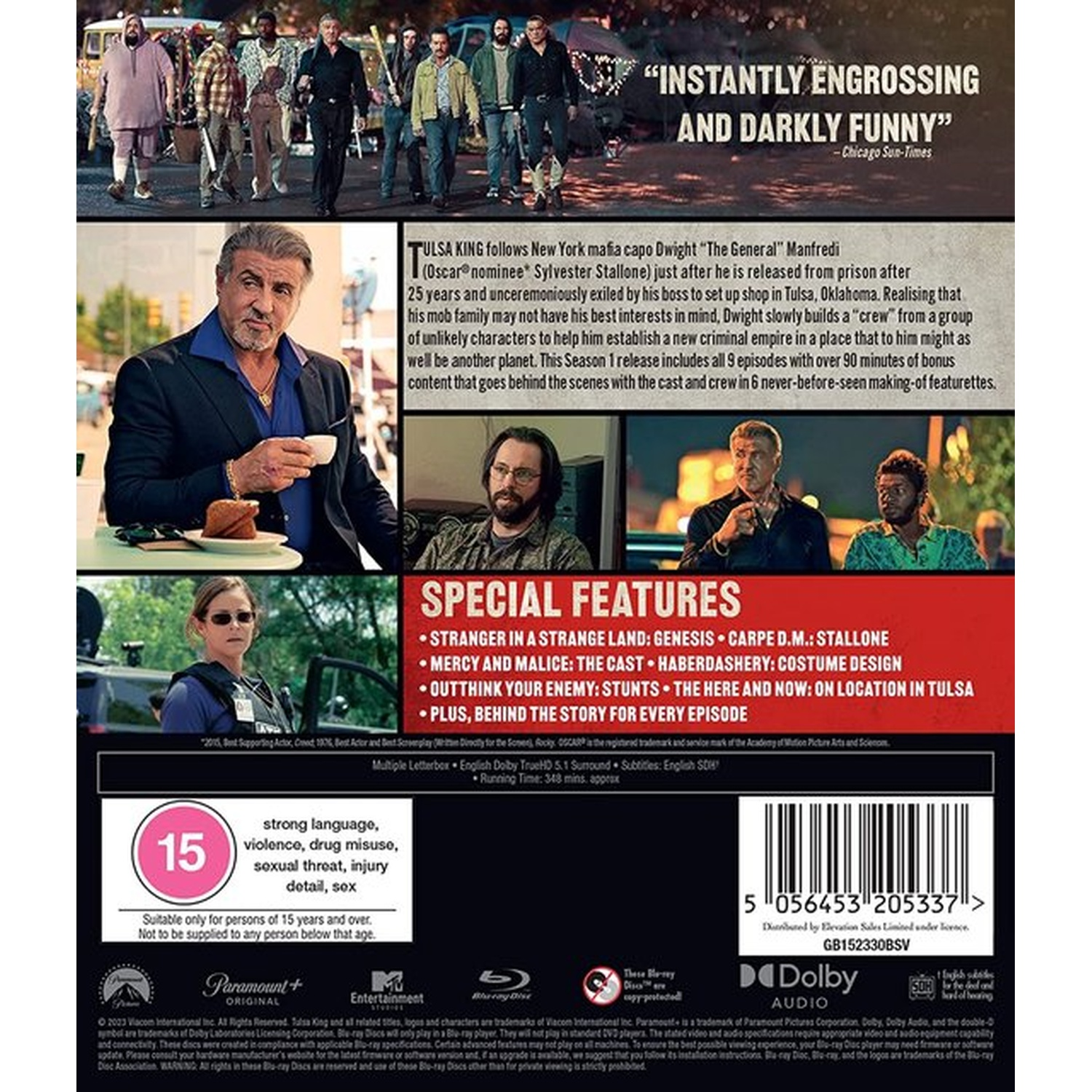 DVD cover. Sylvester Stallone holds a cup. Text: Tulsa King. People in the background. Rating: 15.