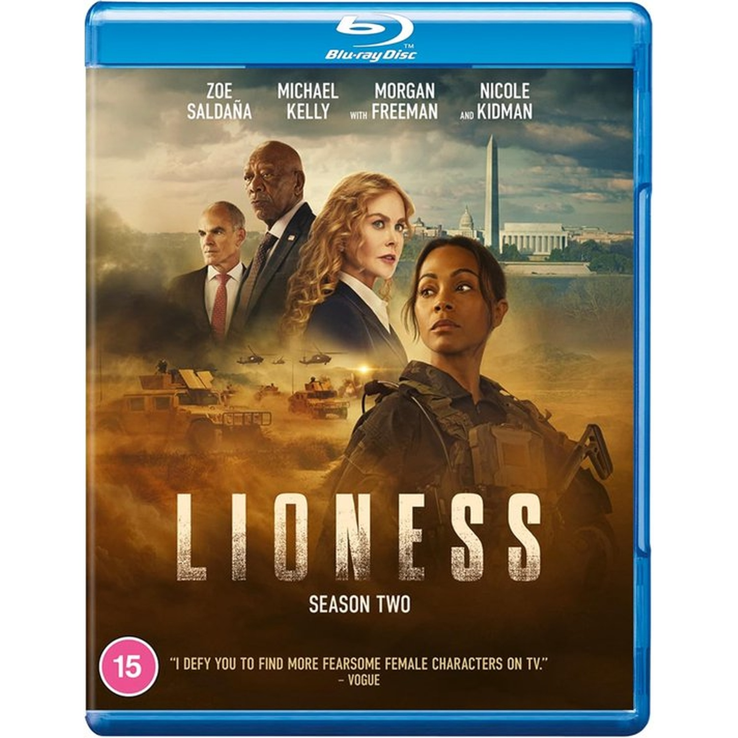 Blu-ray cover for Lioness Season Two. Features Zoe Saldana, Morgan Freeman, and Nicole Kidman. Includes military vehicles and the Washington Monument.