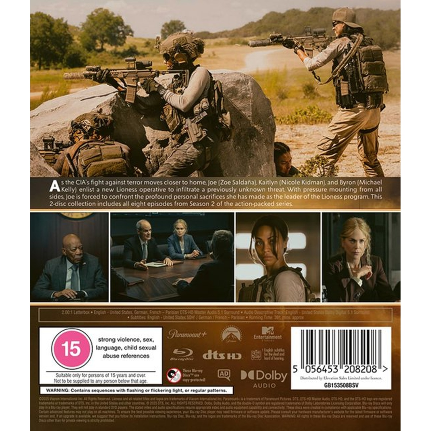 Soldiers in combat gear aim rifles. Blu-ray case with actors and rating 15. Background is a rocky landscape.
