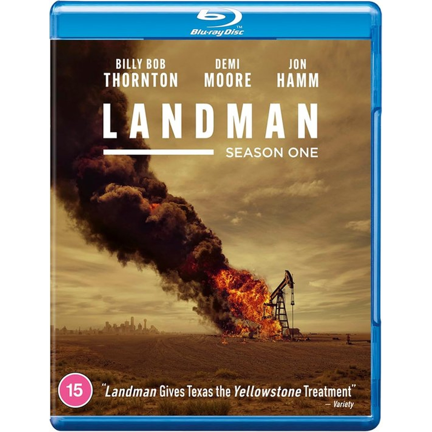 Blu-ray disc cover for Landman season one. Shows oil derrick on fire, with actors' names and the series title.