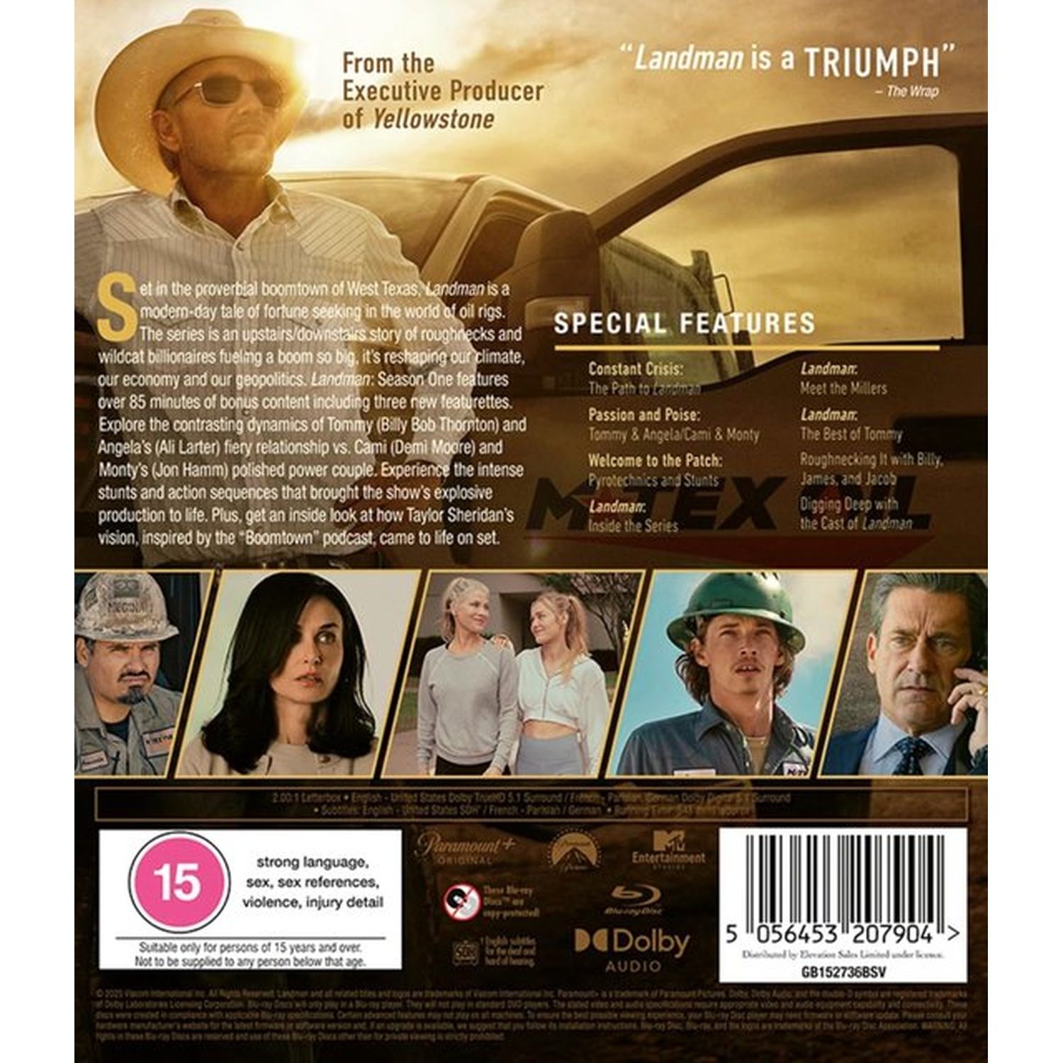 DVD cover. Man in hat and sunglasses, text about the show 'Landman', images of actors, and a '15' age rating.