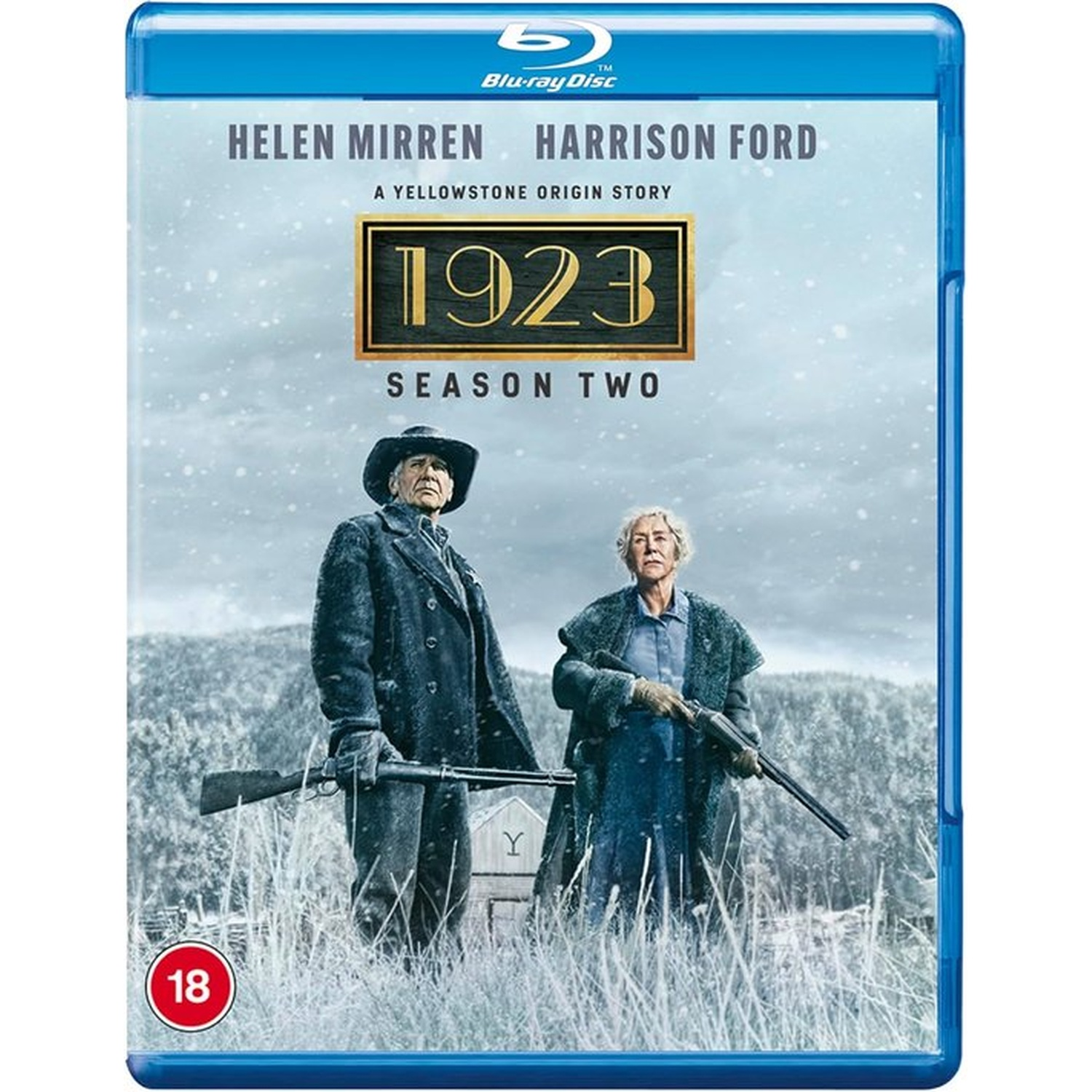 Blu-ray cover for '1923' season two. Helen Mirren and Harrison Ford stand in a snowy landscape, holding rifles.
