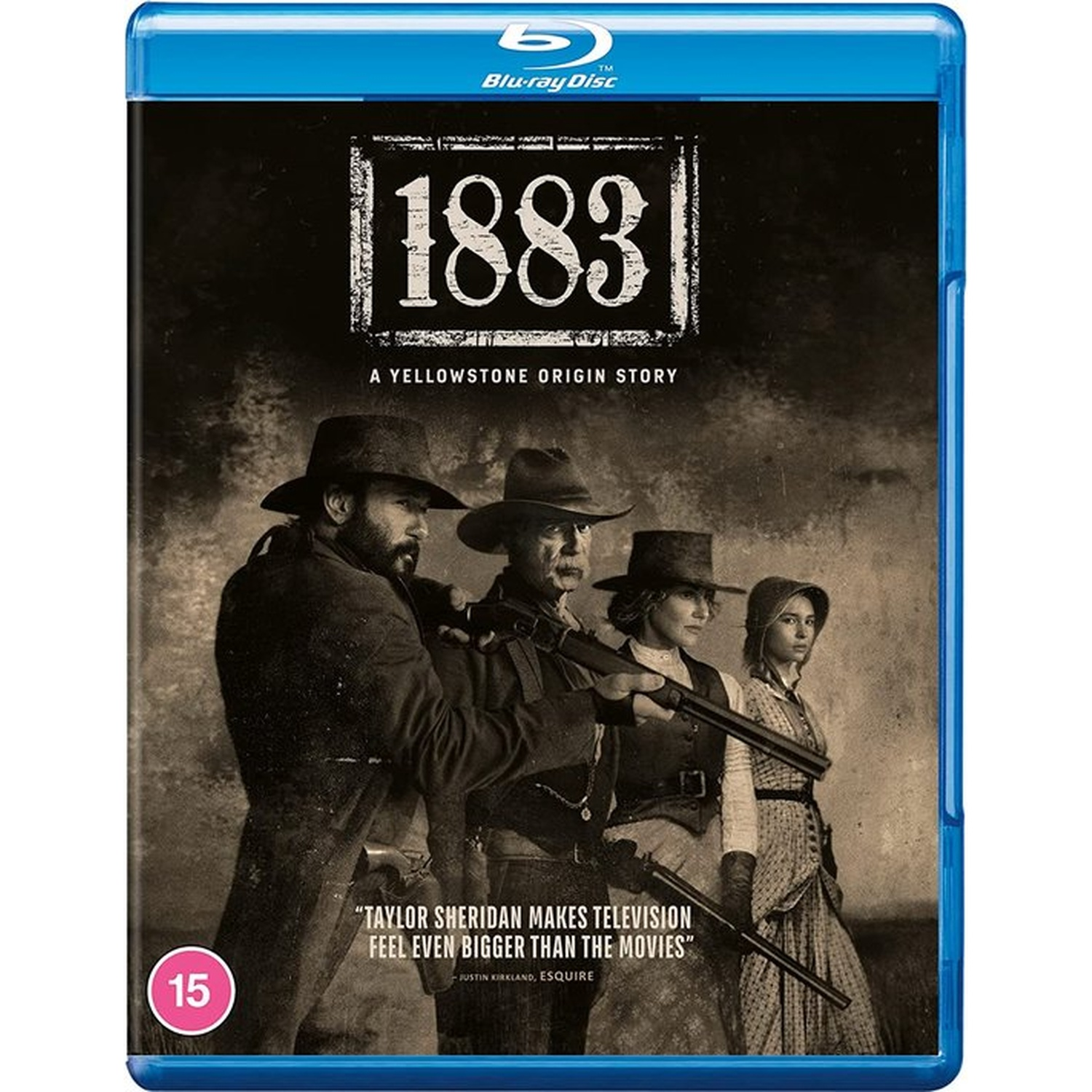 Blu-ray cover for '1883'. Four people in old west attire stand with rifles. Title above. A quote at the bottom.