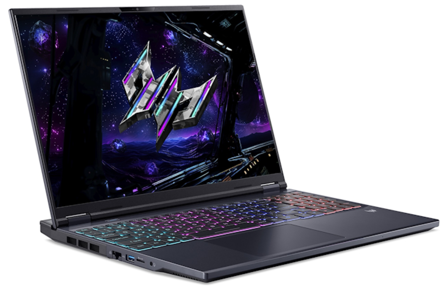 Una laptop oscura está abierta, mostrando un teclado colorido y una pantalla con un logotipo y un fondo temático espacial.