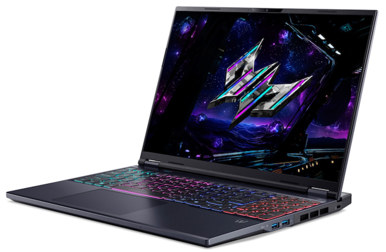 Una laptop oscura está abierta, mostrando un logotipo sobre un fondo espacial. El teclado tiene luces coloridas.