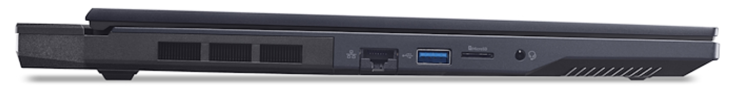Perfil lateral de una laptop negra. Tiene ranuras de ventilación, puertos y un puerto USB. La parte inferior tiene líneas anguladas.