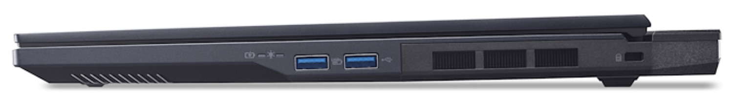 Vista lateral de un portátil oscuro. Muestra puertos, rejillas y un candado. Los puertos USB son azules. El portátil está sobre fondo blanco.