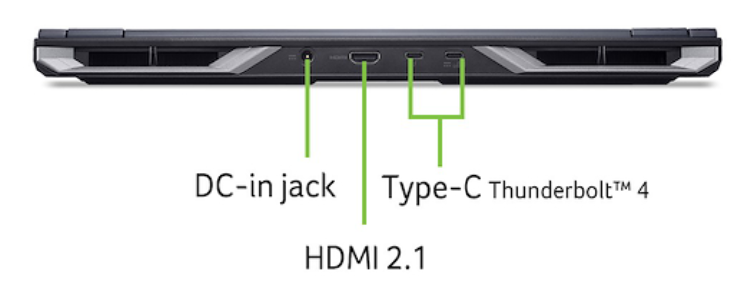 Borde trasero de portátil con puertos: conector CC, HDMI 2.1 y puertos tipo C Thunderbolt 4. Diseño negro y gris.