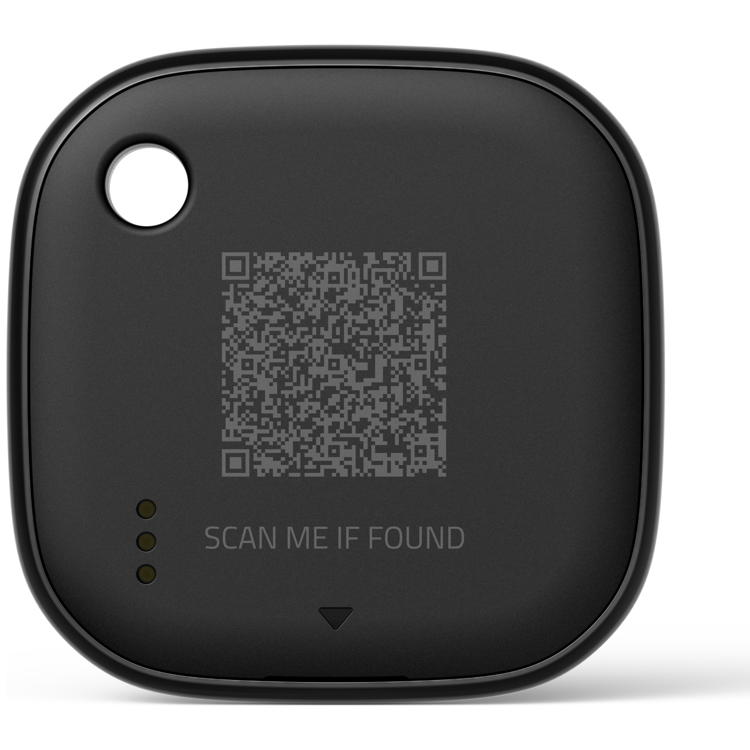 Black square device with QR code, text 'SCAN ME IF FOUND', and three dots. A hole is present at the top.