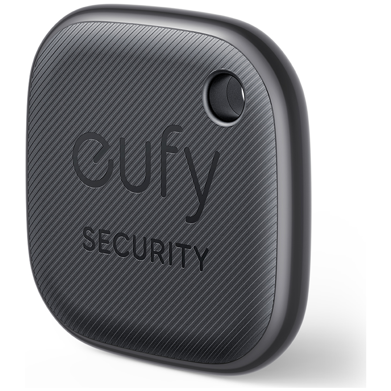 A dark gray, rounded square Eufy Security tracker. It has the brand name and a small hole on the top. Diagonal lines cover the surface.