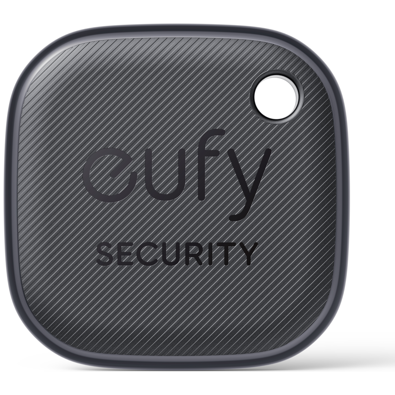 A dark gray, rounded square Eufy Security tracker. It has diagonal lines, a hole, and the brand name.