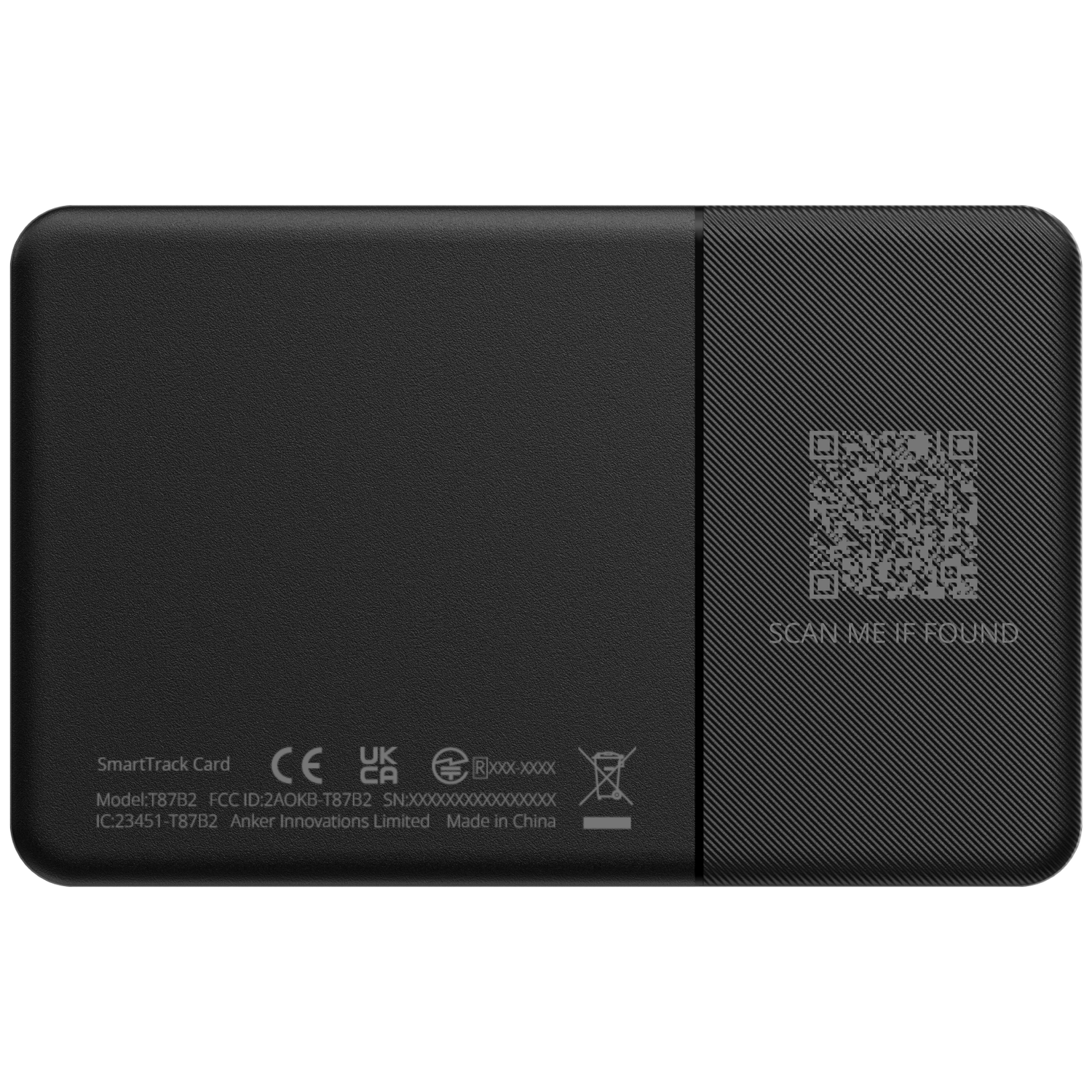 Black SmartTrack card. Textured surface on the left. QR code and text 'SCAN ME IF FOUND' on the right. Details printed at bottom.