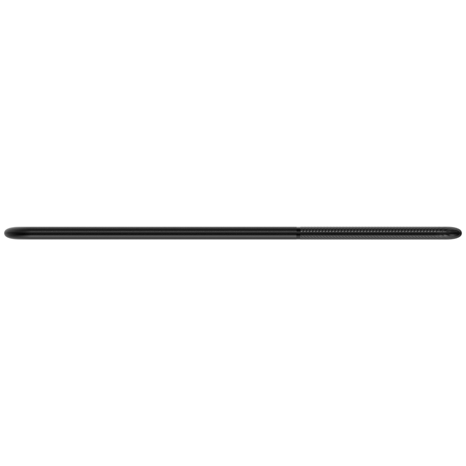A black stylus pen lies horizontally, with a textured grip at one end. The background is plain white.