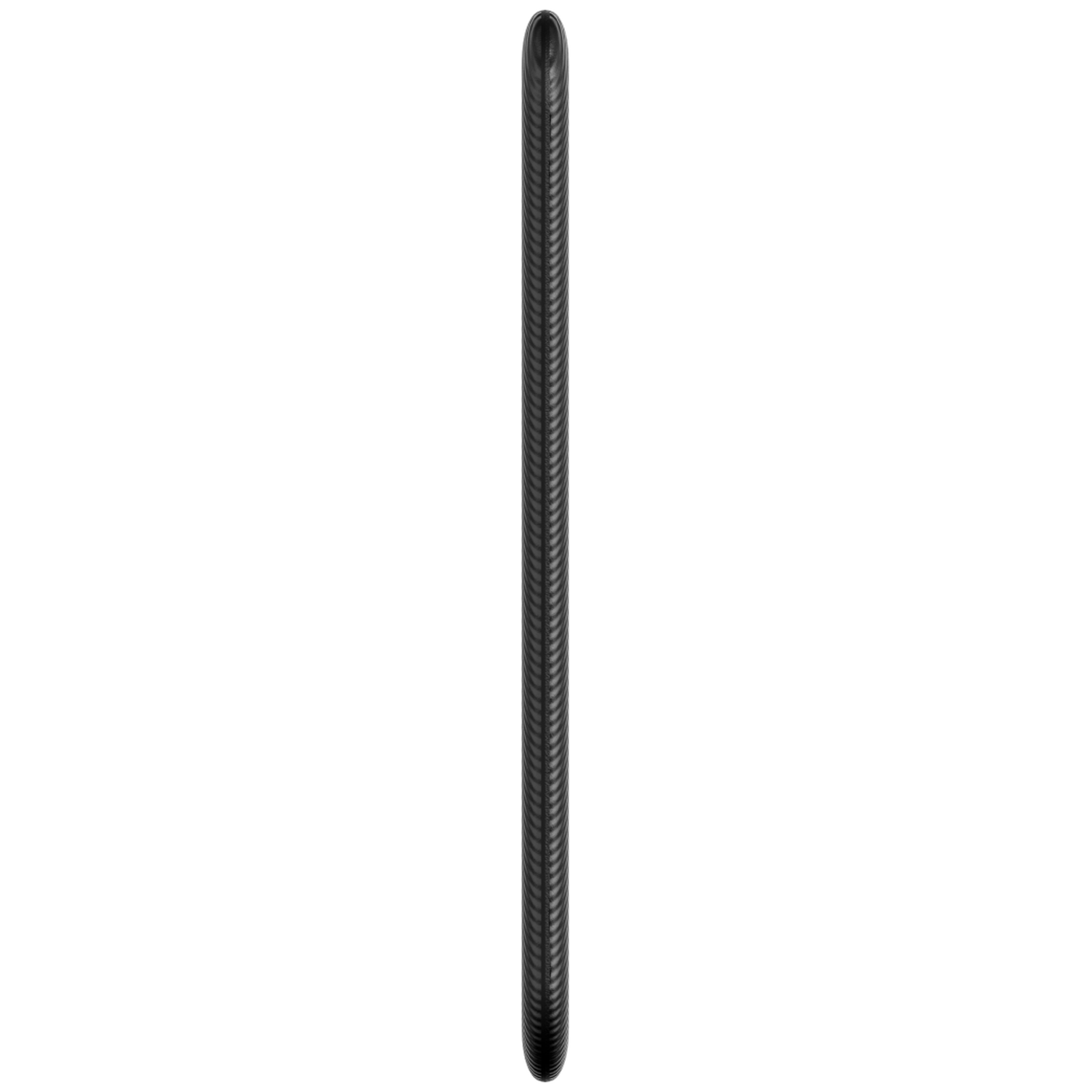 A close-up of a black, textured, cylindrical object against a white background. The object is vertical and has a ridged surface.