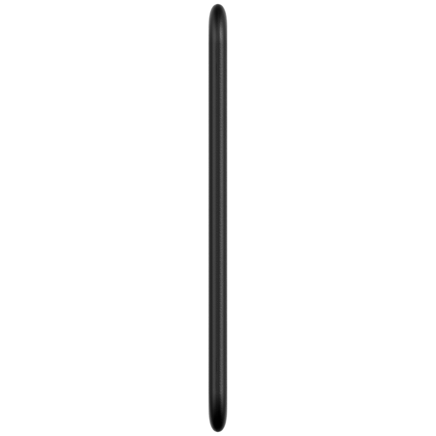 A black, rounded object, likely a phone, is seen in profile against a white background.
