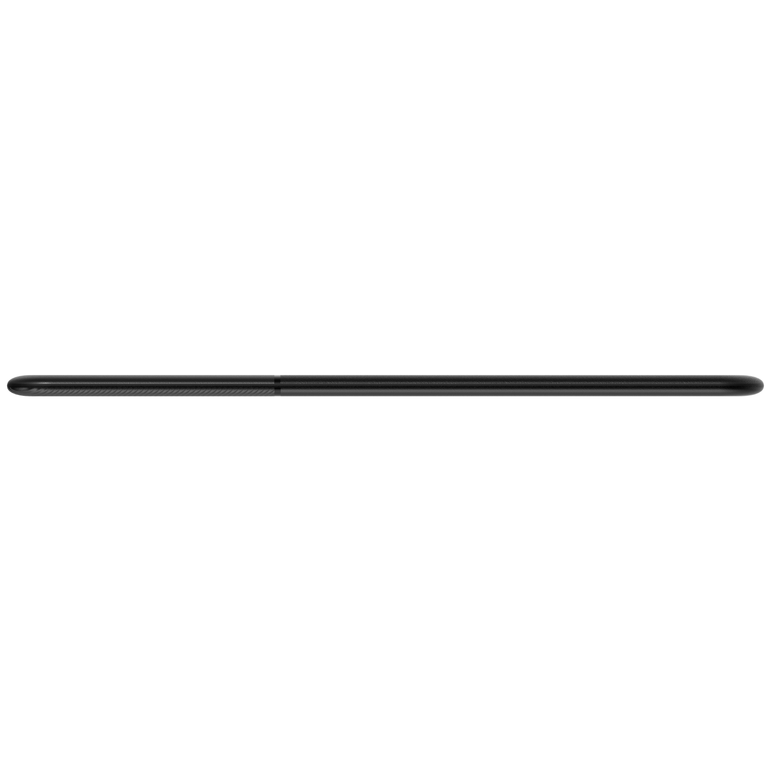 A black, slim, rectangular object, possibly a phone or tablet, against a white background. The top edge has a textured design.