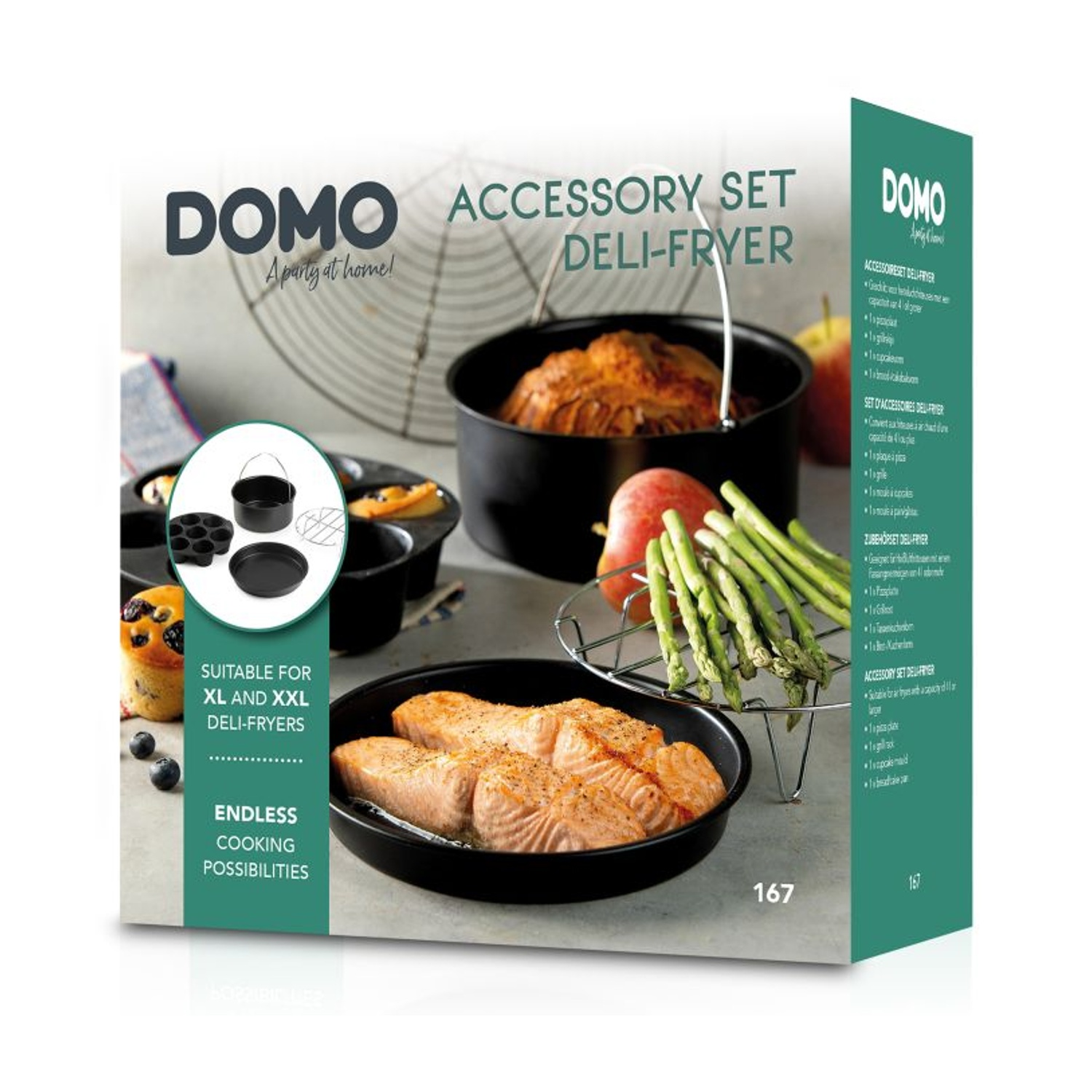 Immagine del prodotto DOMO Accessory Set Deli-Fryer. Salmone, asparagi e torta nelle padelle. Testo sulla scatola.