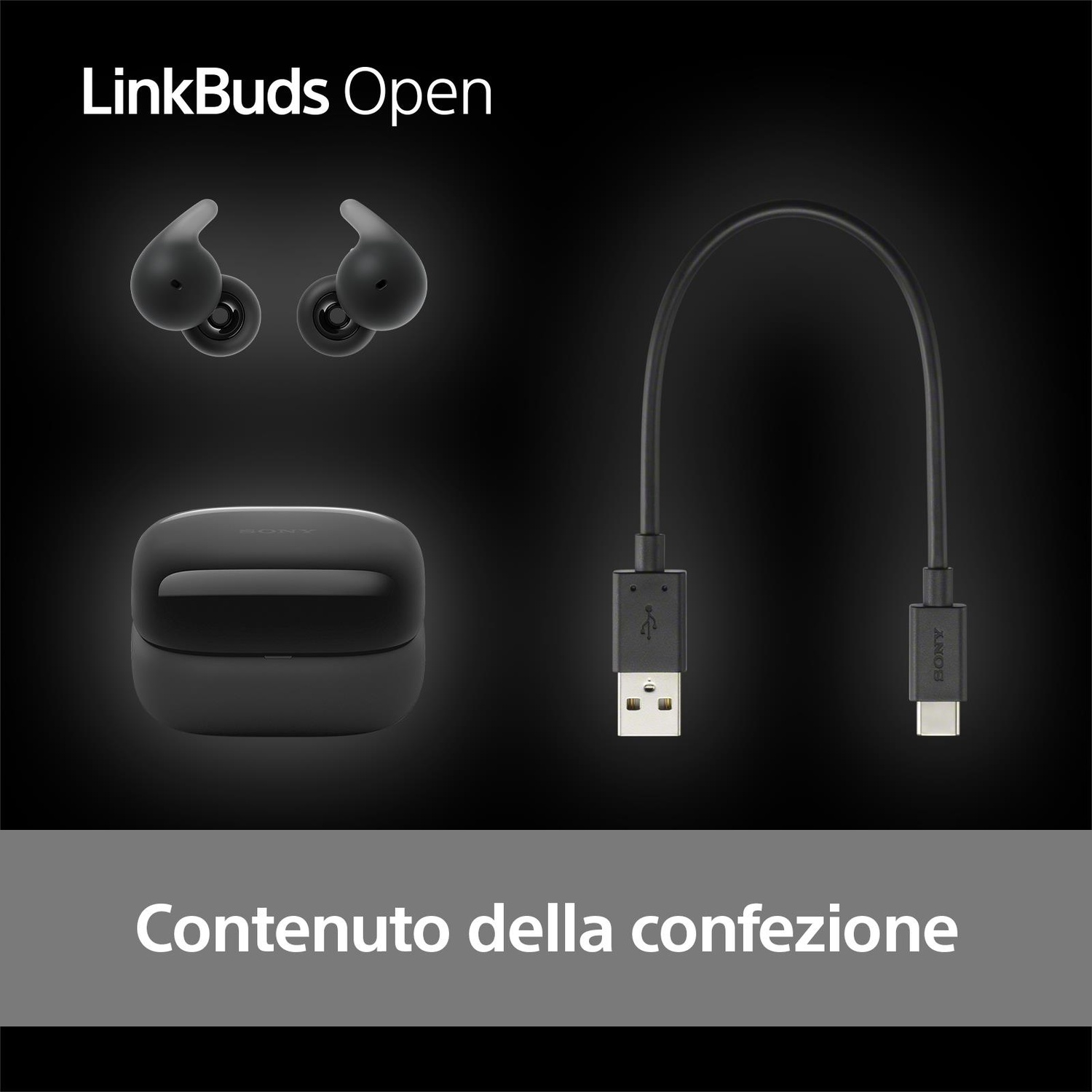 L'immagine mostra auricolari neri Sony LinkBuds Open, custodia di ricarica e cavo USB su sfondo scuro. Testo 'Contenuto della confezione'.
