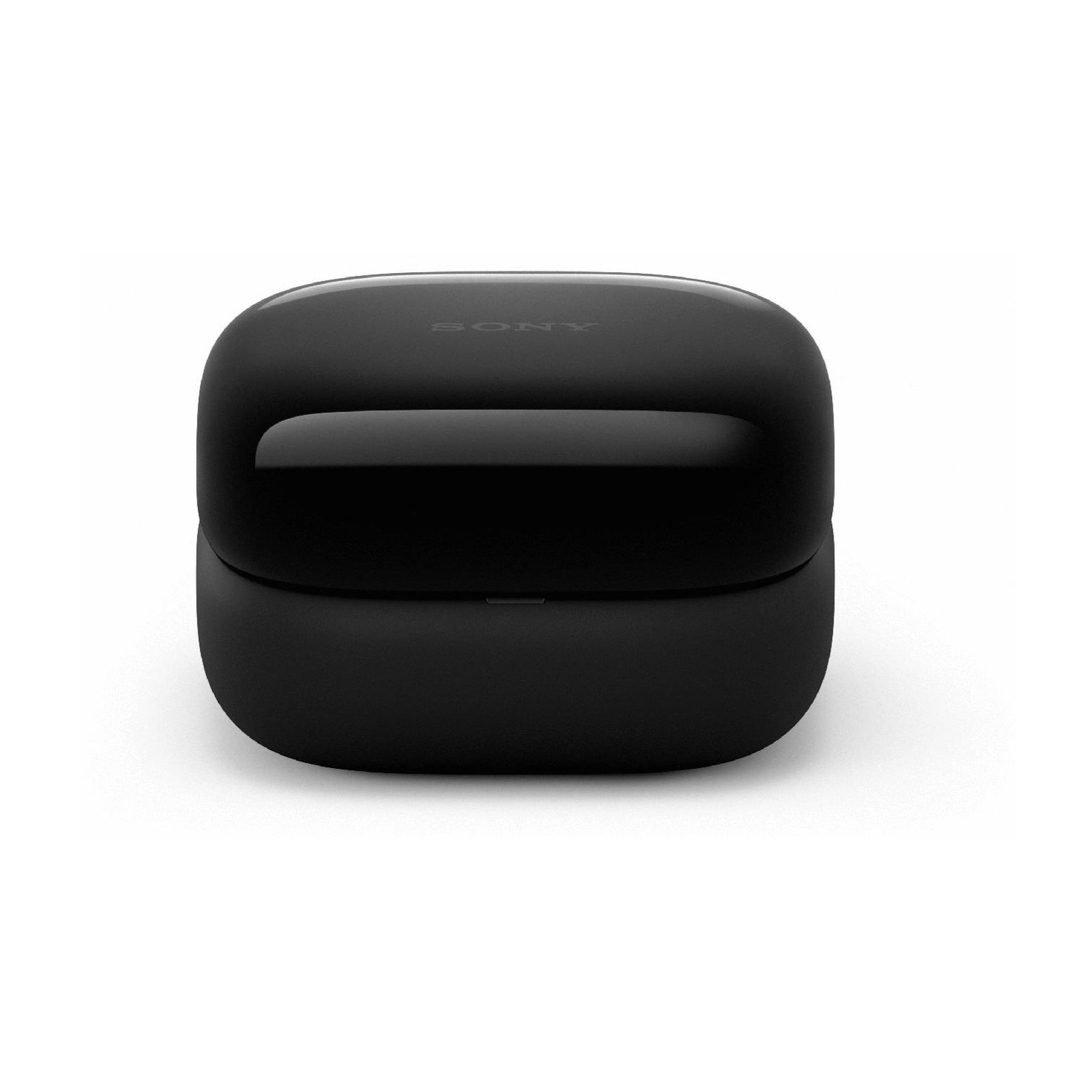 Una custodia di ricarica nera per auricolari Sony su sfondo bianco. La custodia è rettangolare con bordi arrotondati e logo Sony.