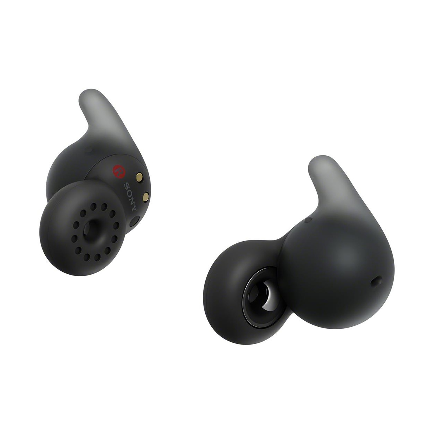 Due auricolari Sony neri su sfondo bianco. Ognuno ha un auricolare arrotondato e un design a forma di ala.