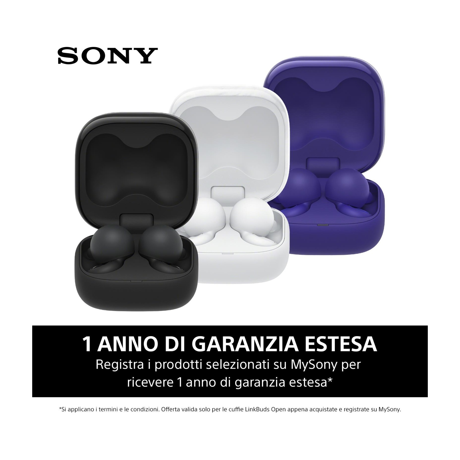 L'immagine mostra tre custodie per auricolari aperte: nere, bianche e viola. Il logo Sony è sopra. Testo sottostante: '1 anno di garanzia estesa'.