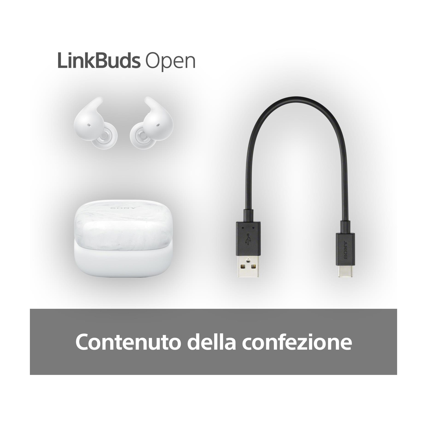 L'immagine mostra auricolari bianchi, una custodia di ricarica e un cavo USB. Il testo dice 'LinkBuds Open' e 'Contenuto della confezione'.