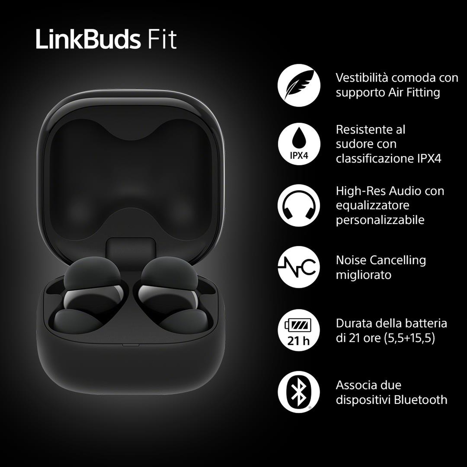Auricolari LinkBuds Fit neri in una custodia aperta, con icone e testo che descrivono caratteristiche come comfort, resistenza al sudore e batteria da 21 ore.