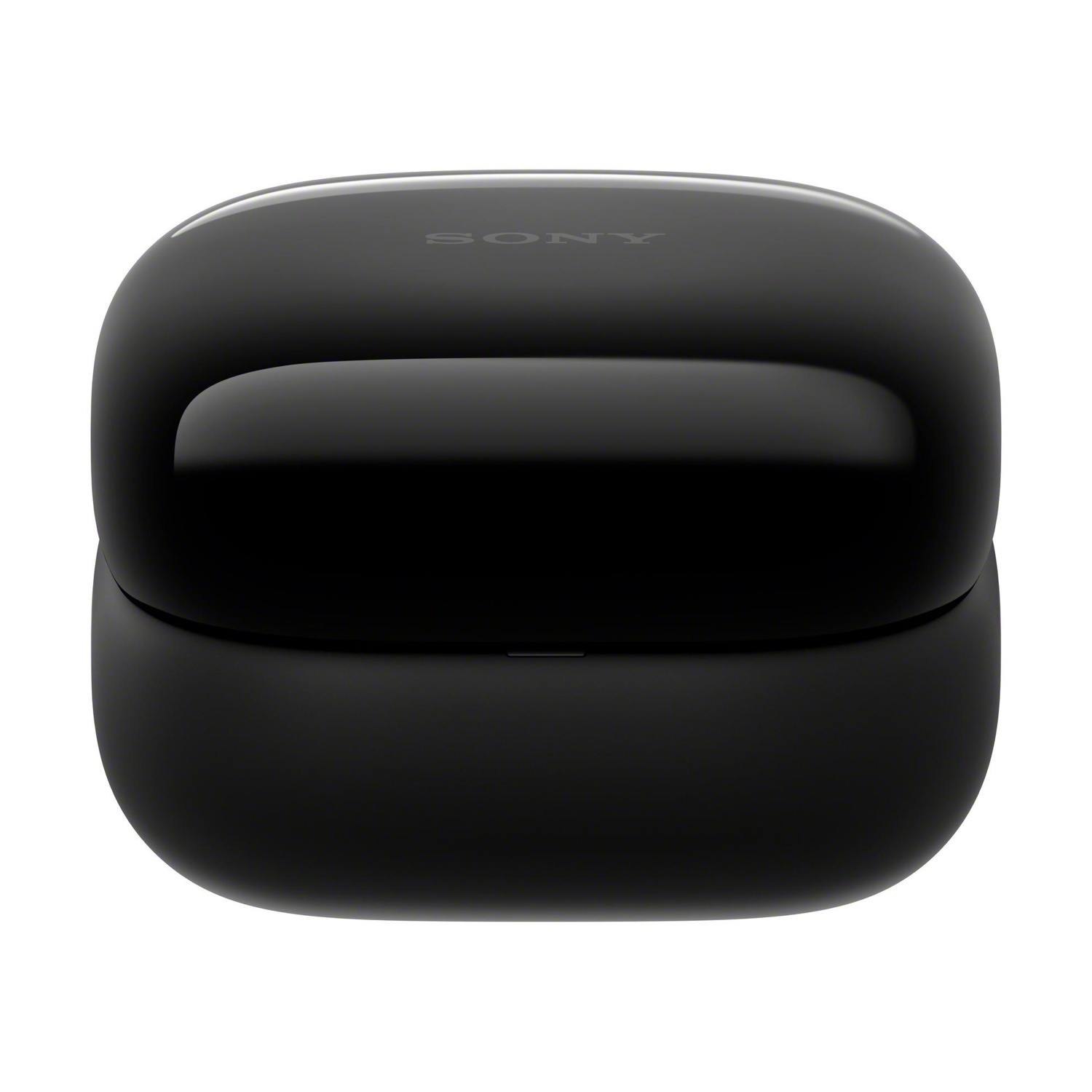 Un astuccio di ricarica nero lucido per auricolari Sony è centrato su sfondo bianco. Il marchio è visibile in alto.