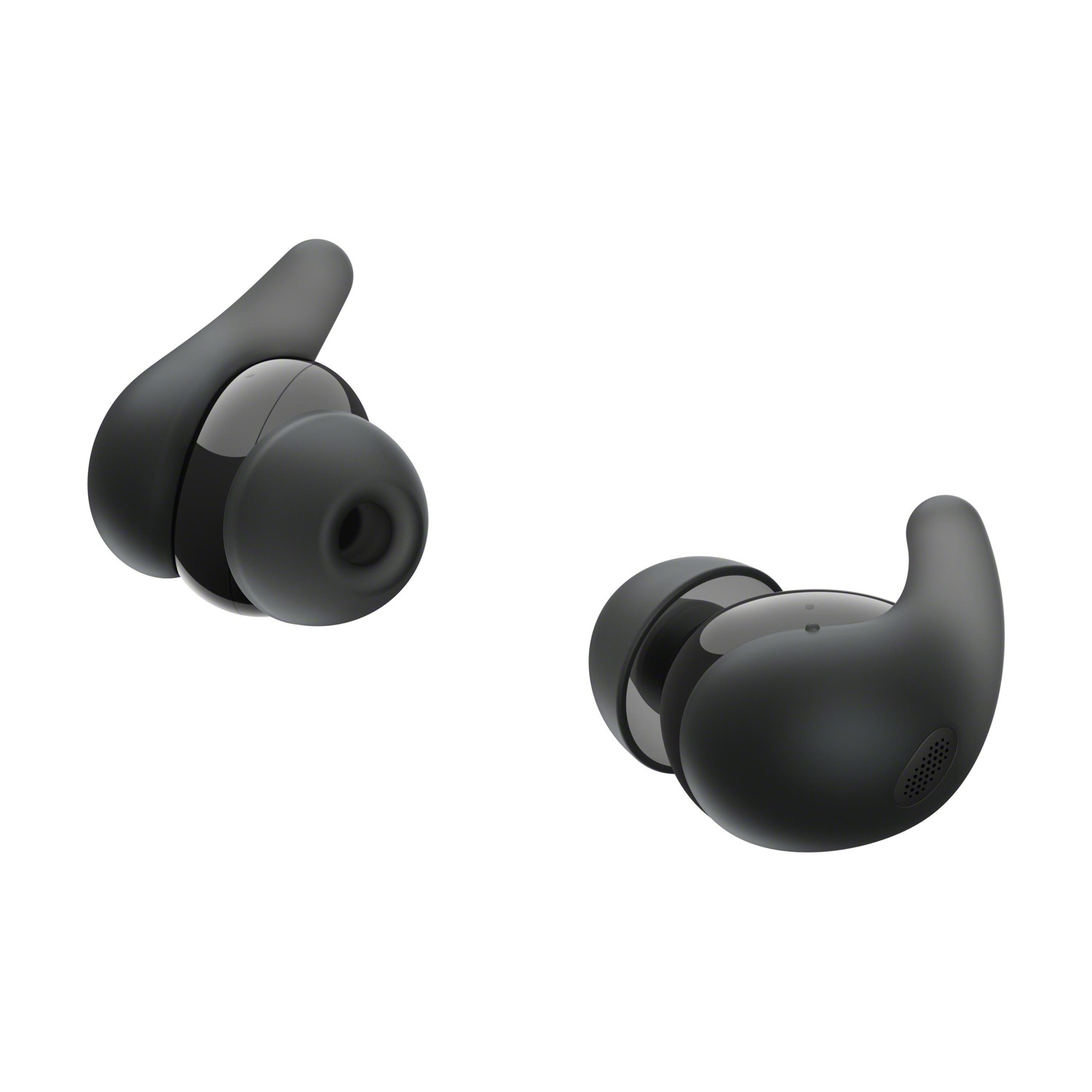 Due auricolari wireless neri isolati su sfondo bianco. Ognuno ha un corpo arrotondato, un auricolare e un'aletta per una vestibilità sicura.