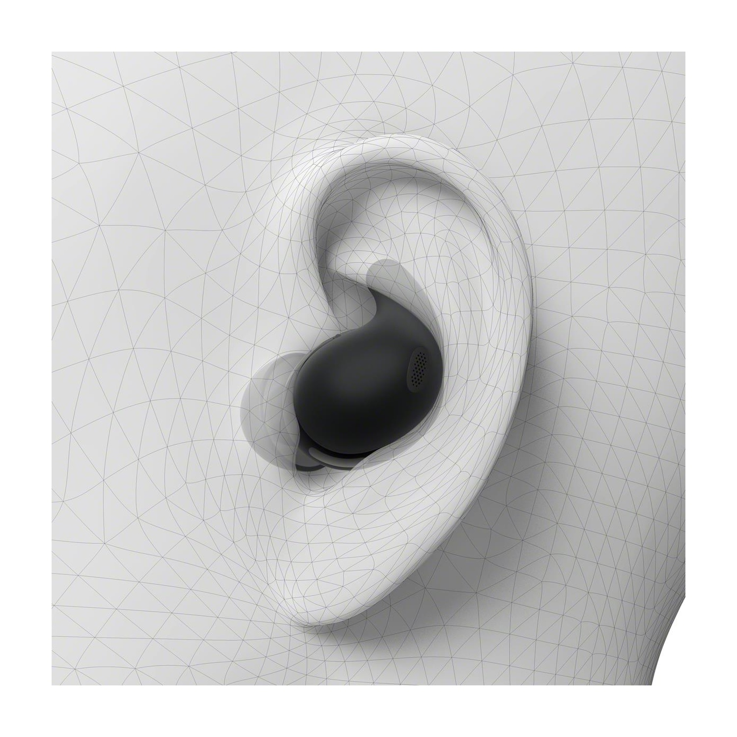 Un auricolare nero è inserito in un orecchio renderizzato in 3D. L'orecchio è bianco e lo sfondo è una struttura a filo bianco.