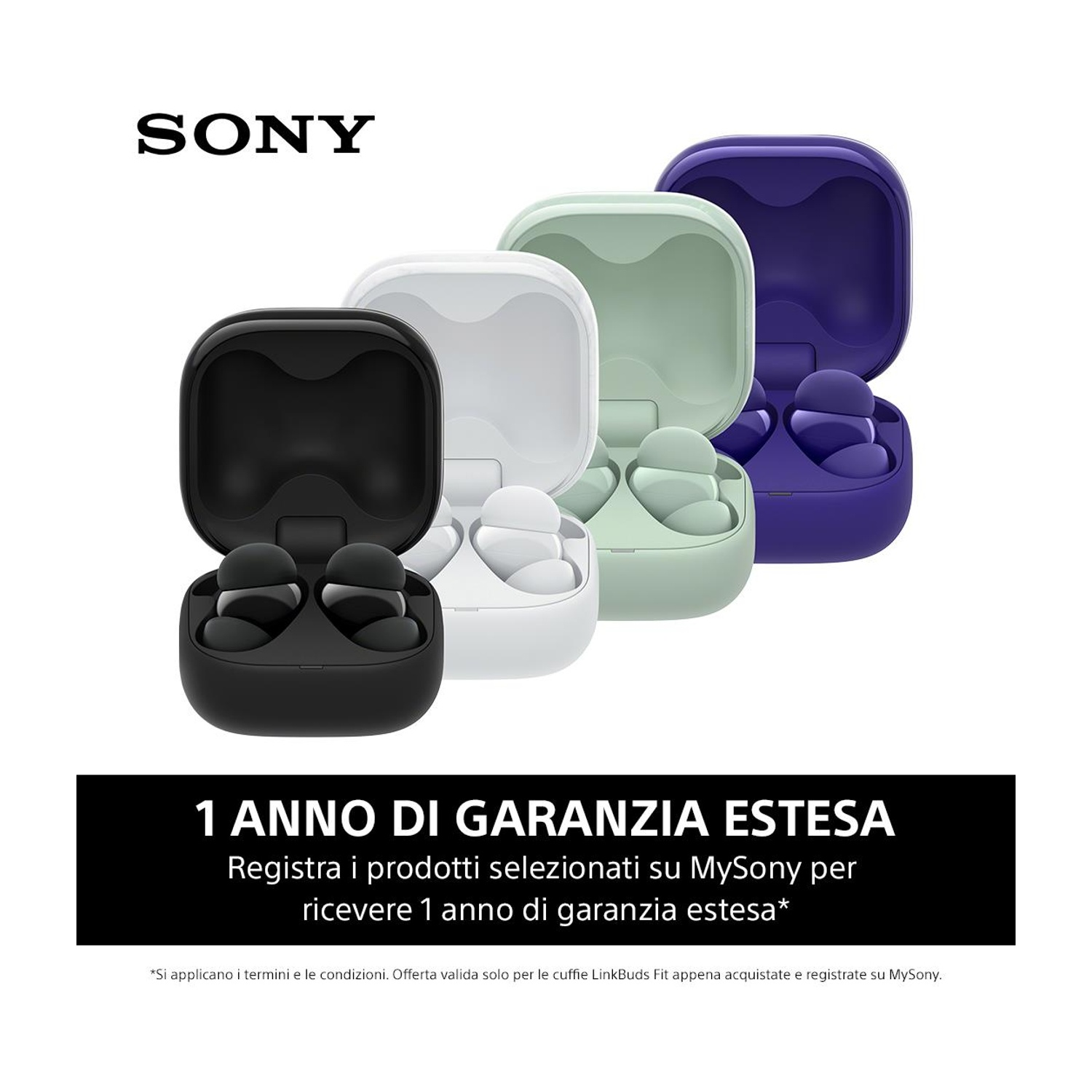 L'immagine mostra auricolari Sony in custodie nere, bianche, verdi e viola. Il testo pubblicizza la garanzia estesa per i prodotti registrati MySony.
