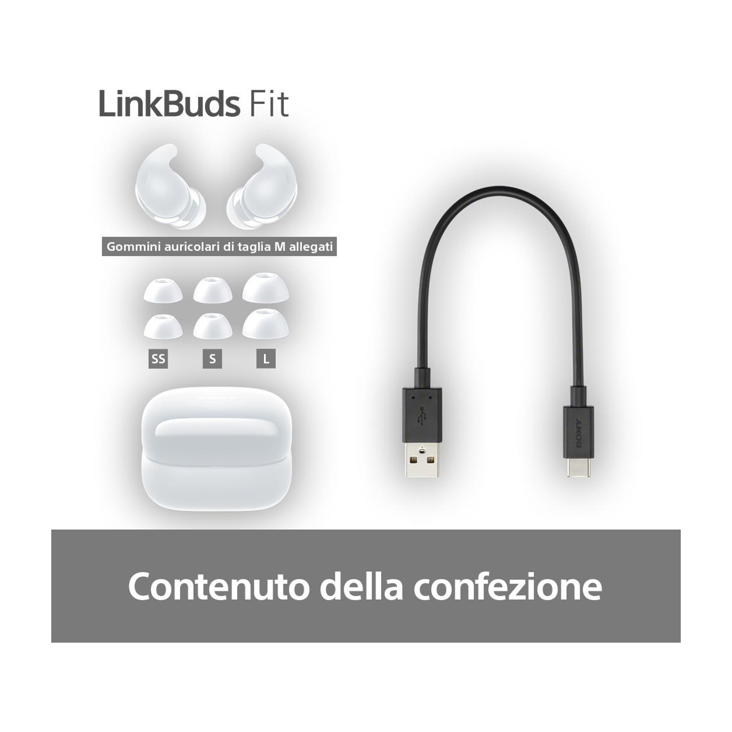 L'immagine mostra auricolari LinkBuds Fit, varie misure di gommini, custodia di ricarica e cavo USB. Testo: 'Contenuto della confezione'.