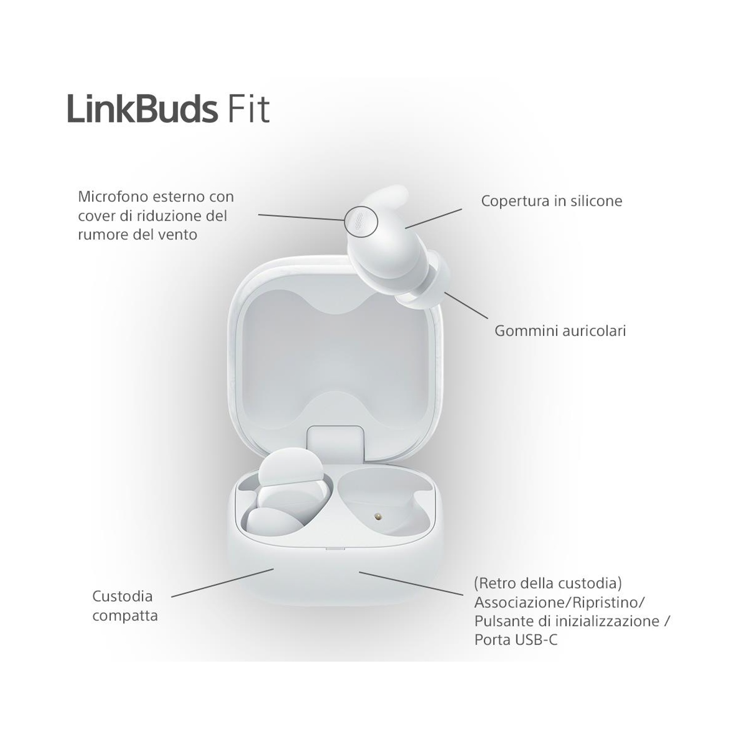 Auricolari LinkBuds Fit bianchi in una custodia aperta. Le caratteristiche includono copertura in silicone, auricolari e porta USB-C.
