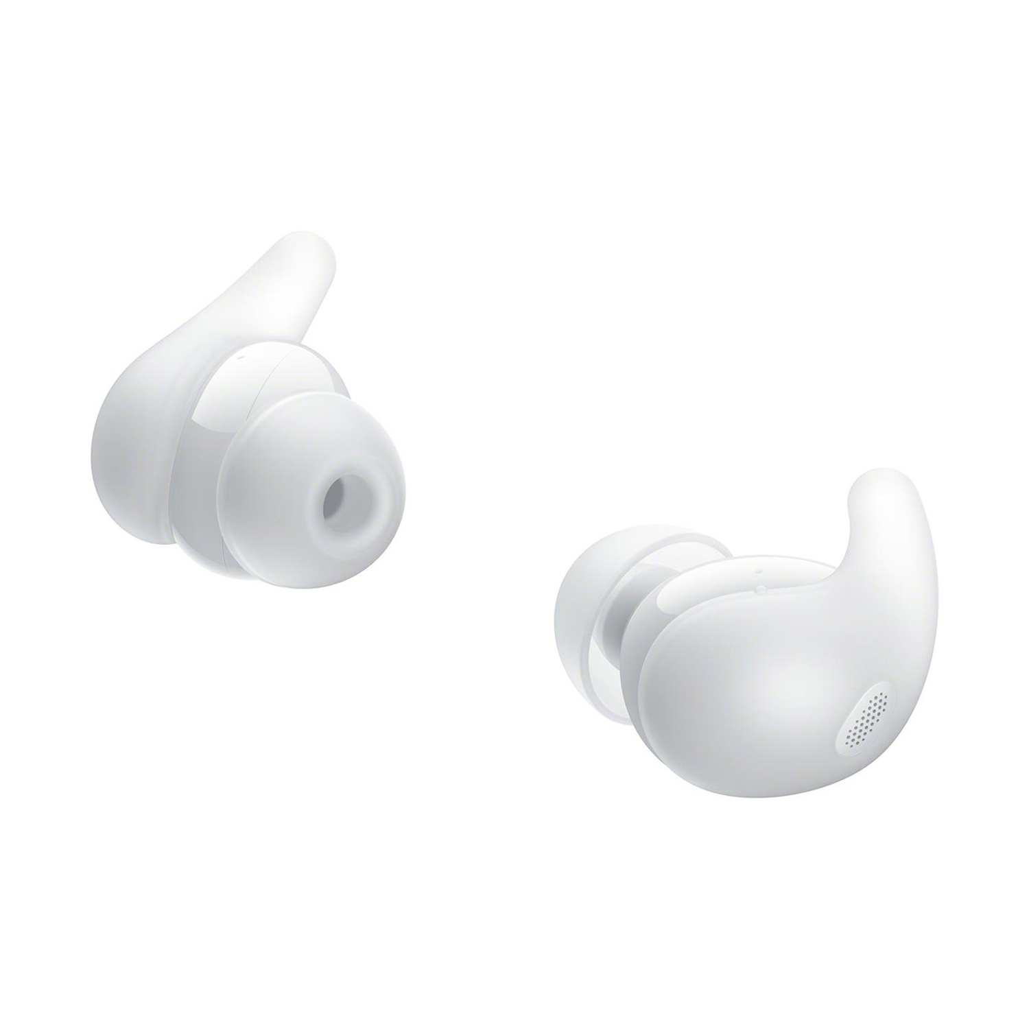Due auricolari wireless bianchi, isolati su sfondo bianco. Ognuno ha una forma arrotondata, uno con gancio laterale.