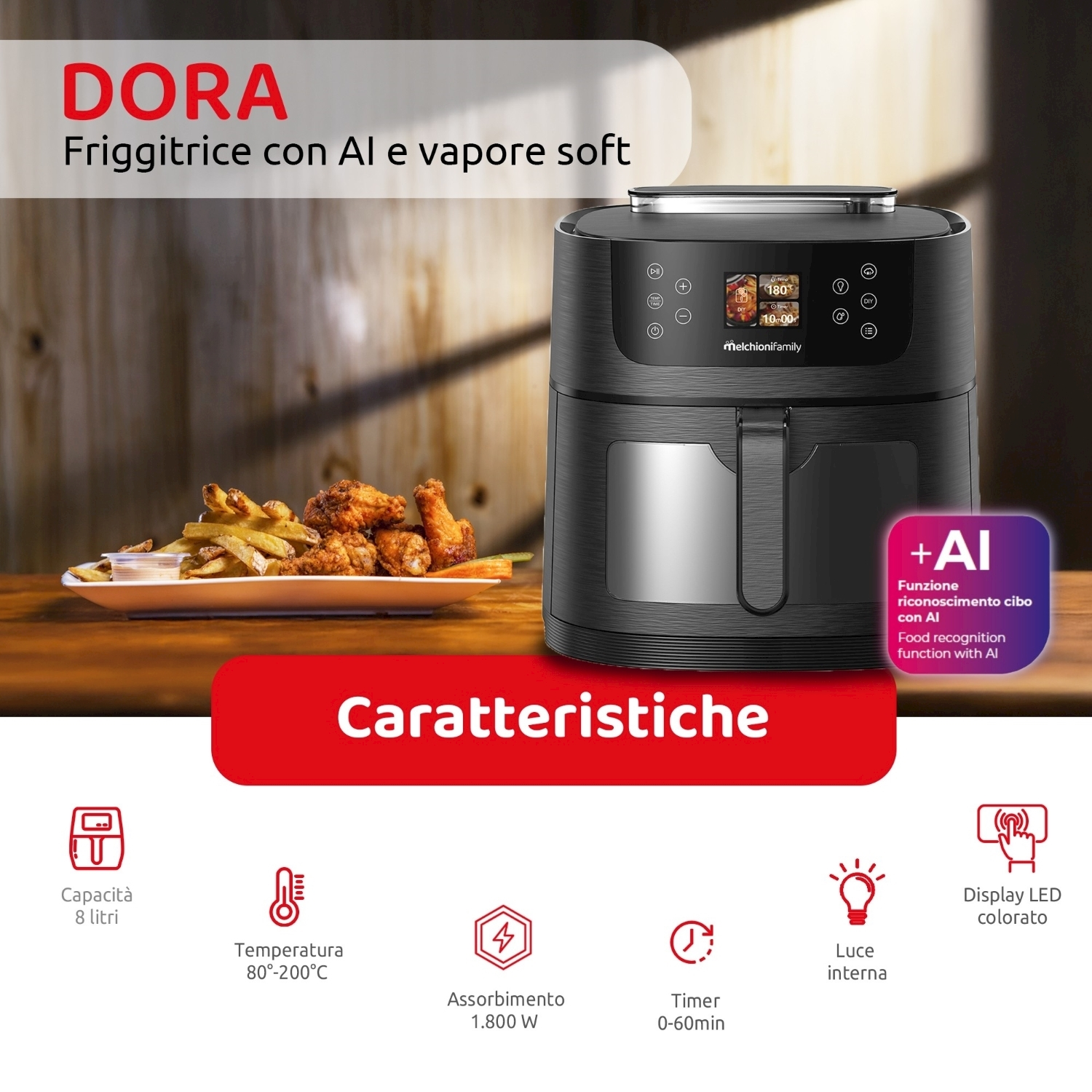 Friggitrice ad aria nera con cibo. Testo: Dora, Caratteristiche, +AI e icone per capacità, temperatura, potenza, timer, luce e display.