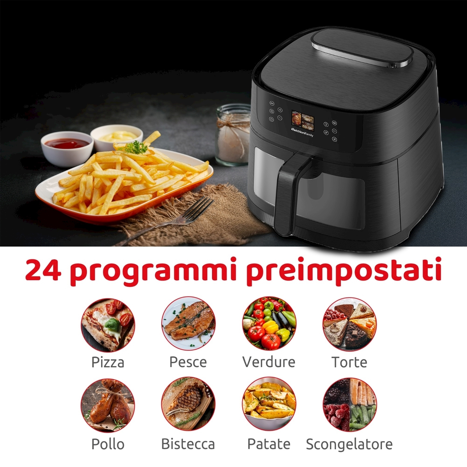 Una friggitrice ad aria con patatine fritte e salse. Sotto, icone di opzioni alimentari sono elencate.
