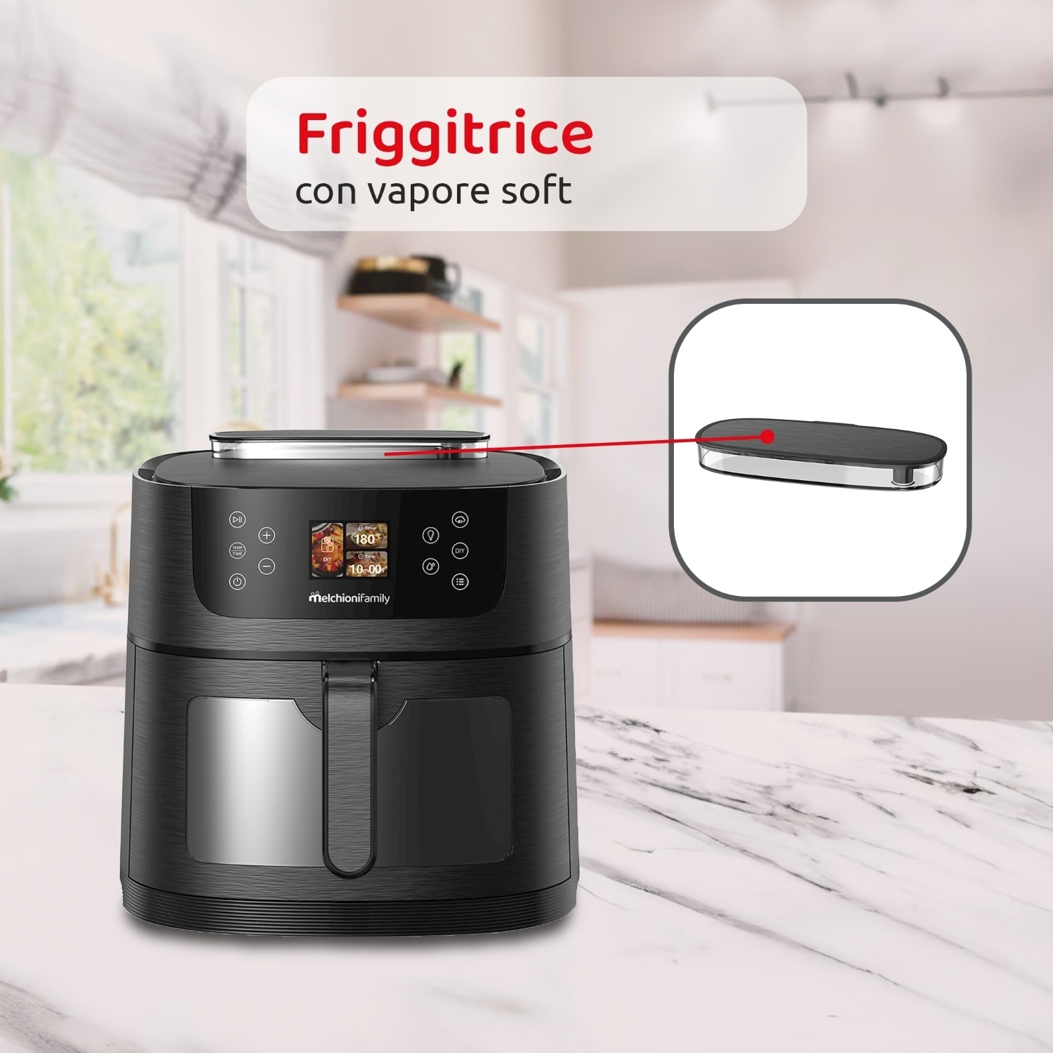 Una friggitrice ad aria nera con display digitale è su un ripiano in marmo. Il testo sopra dice "Friggitrice con vapore soft".