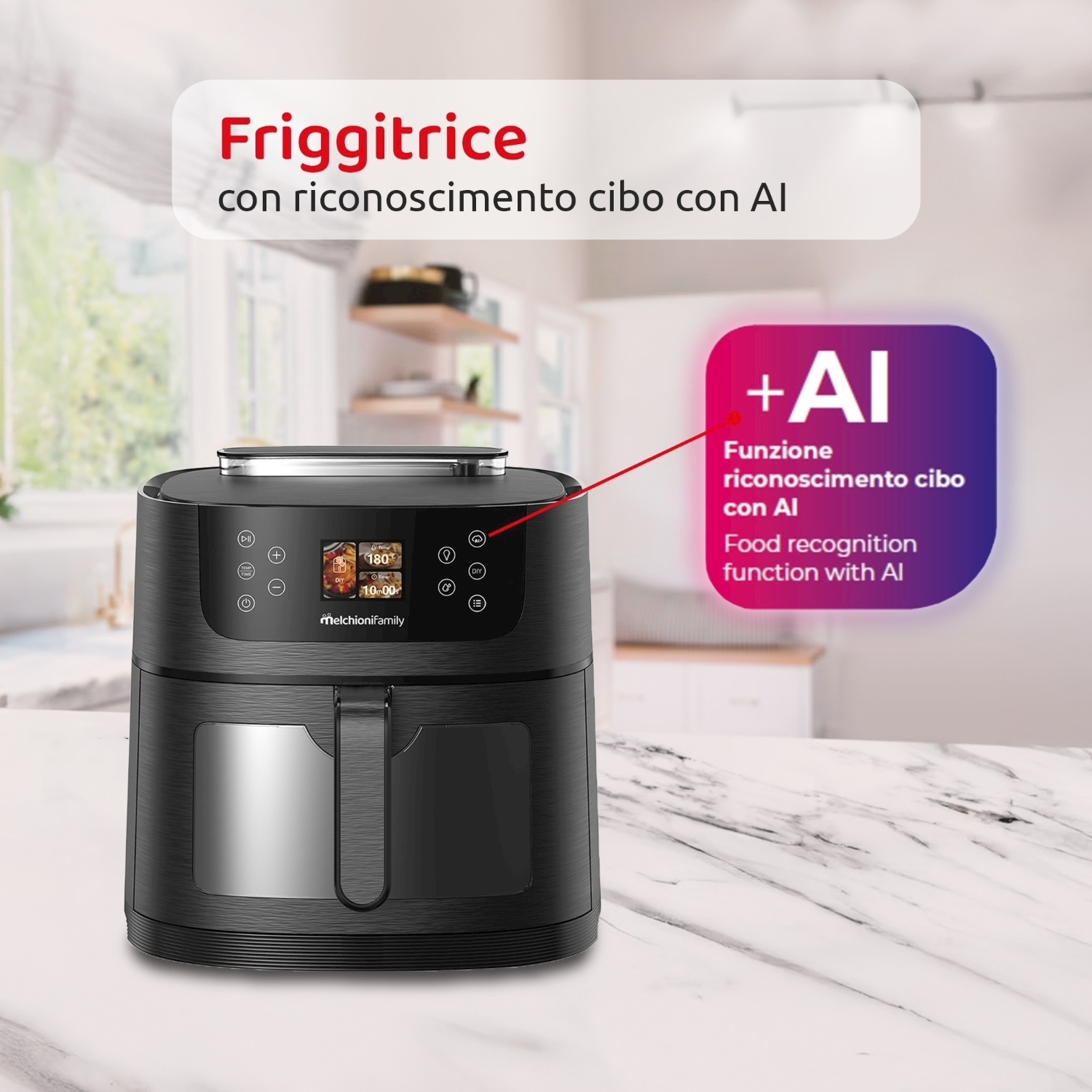 Friggitrice nera con display digitale. Testo: Friggitrice con riconoscimento cibo con AI, +AI Food recognition function with AI.