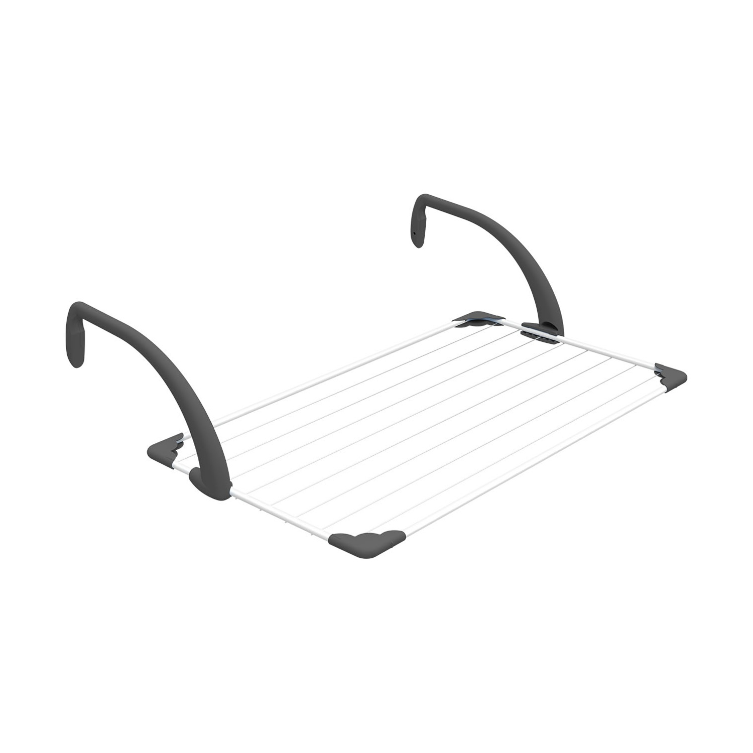 Uno stendibiancheria bianco con bracci di supporto grigi. Ha più linee bianche parallele per appendere i vestiti, su sfondo bianco.