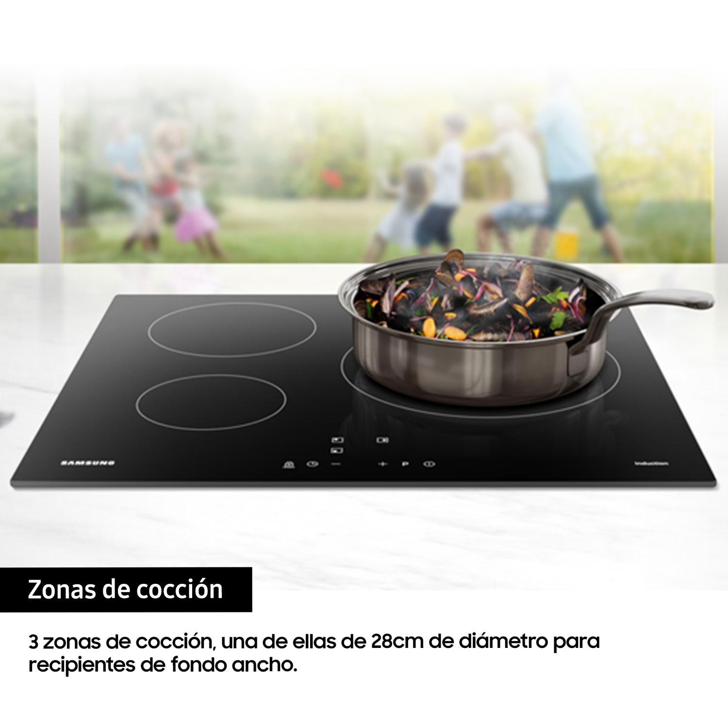 Zonas de cocción
3 zonas de cocción, una de ellas de 28cm de diámetro para recipientes de fondo ancho.