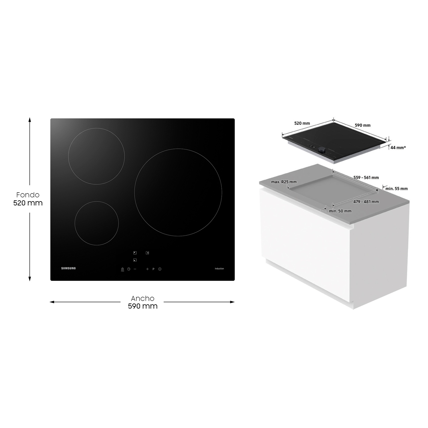 Placa de inducción negra Samsung con tres zonas de cocción y controles táctiles. Se muestran las dimensiones, incluyendo un armario blanco.