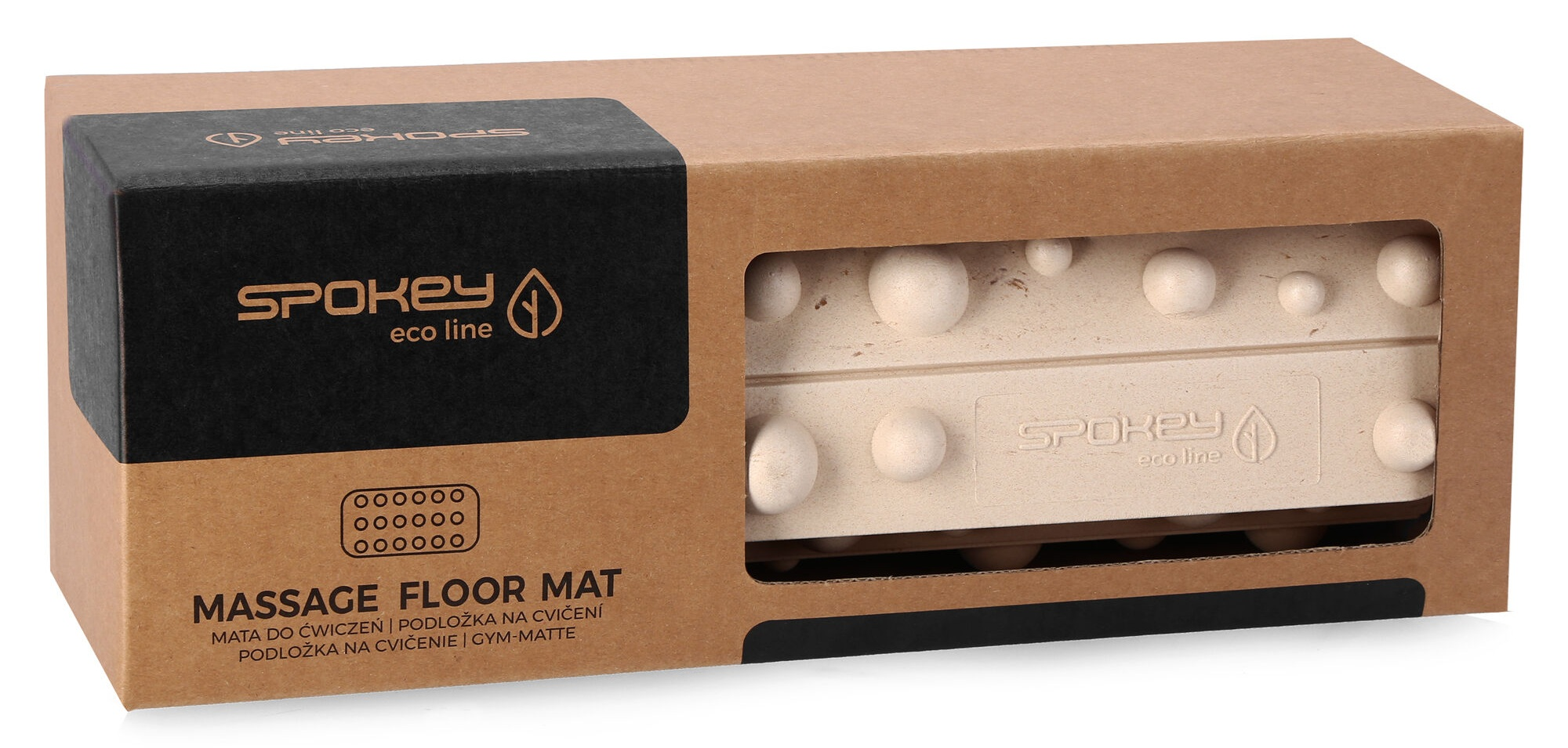 Kartonowe pudełko z matą do masażu w środku. Pudełko ma czarną sekcję z nazwą marki. Mata jest widoczna.