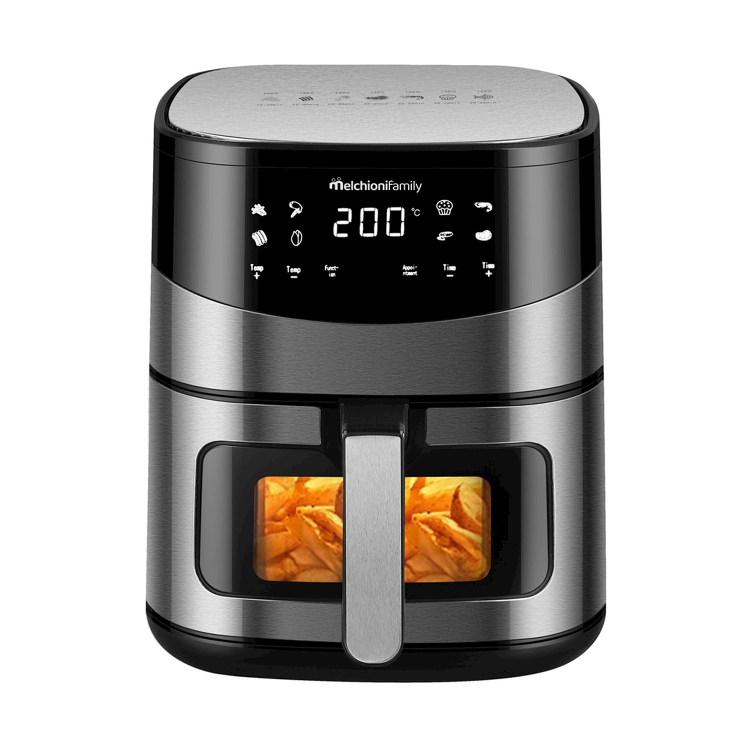 Una friggitrice ad aria con display digitale mostra 200 gradi. Ha una finestra che mostra patatine fritte. Il marchio è Melchionifamily.