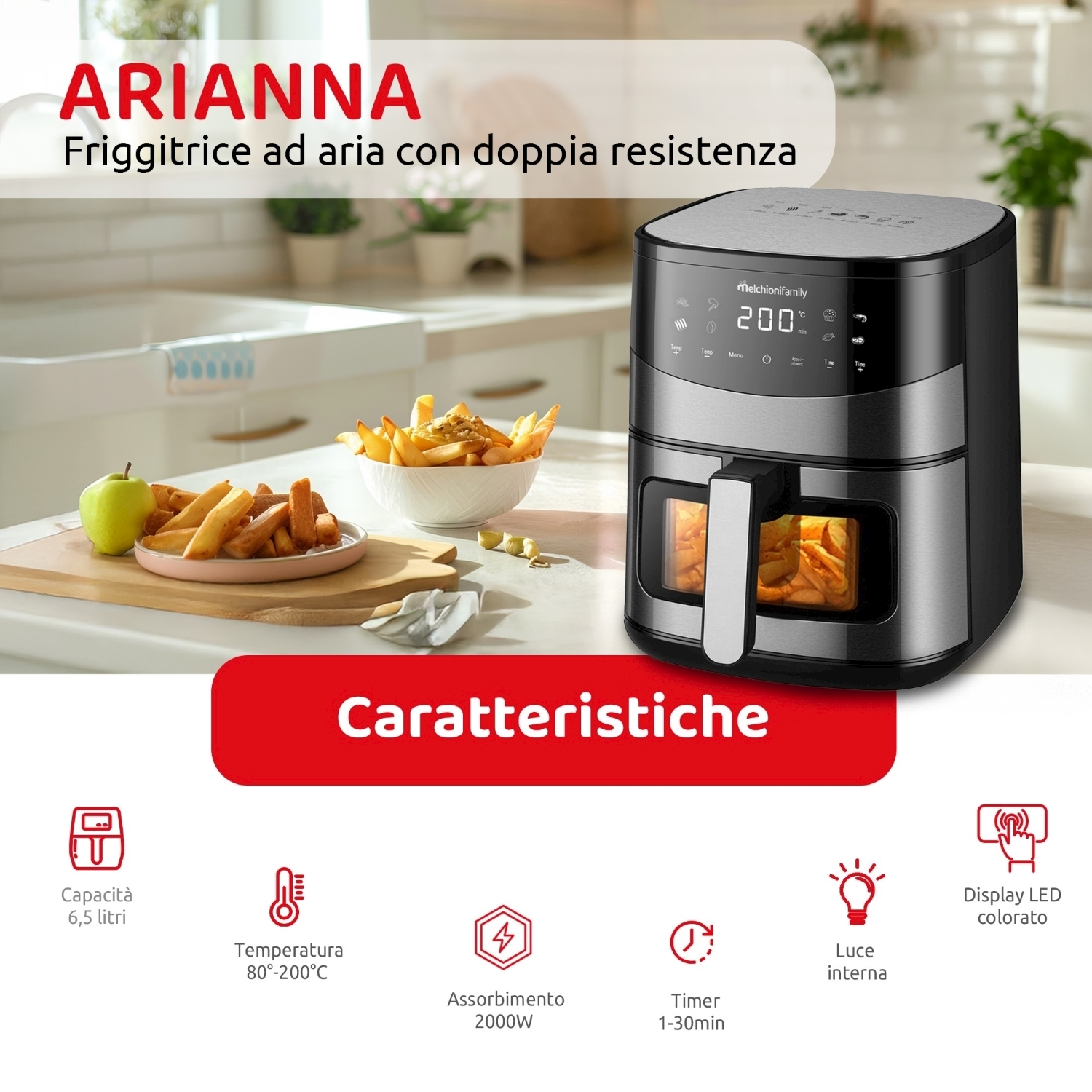 Una friggitrice ad aria con cibo all'interno, pannello di controllo con numeri e pulsanti e un piatto di patatine fritte e una mela davanti.
