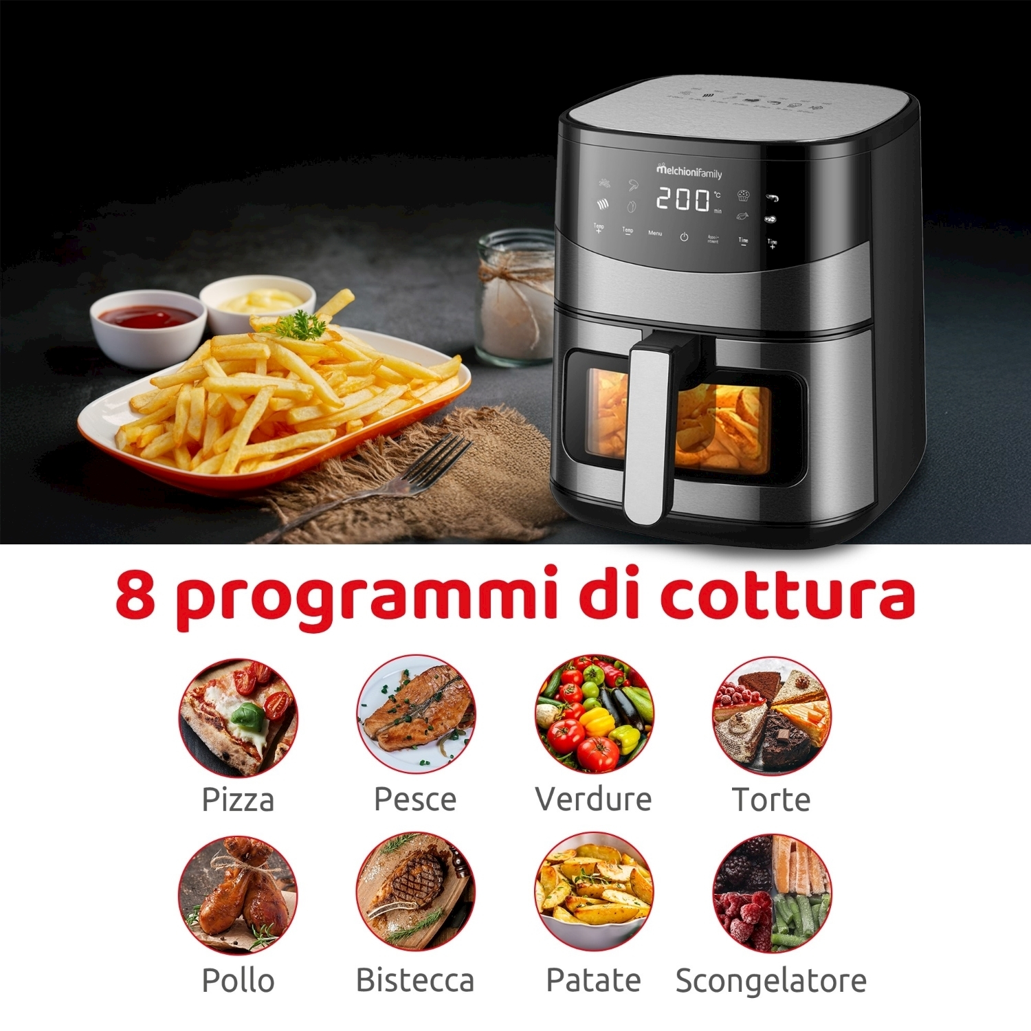Una friggitrice ad aria con patatine fritte, salse e programmi di cottura. La friggitrice è nera e argento, i programmi includono pizza, pesce e verdure.