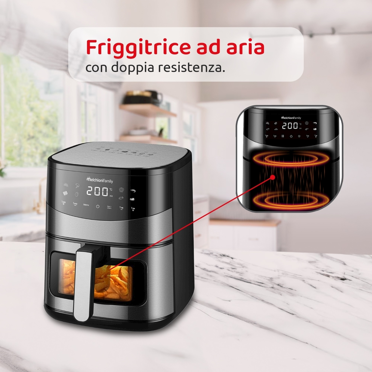 È mostrata una friggitrice ad aria con doppia resistenza. Ha un display digitale e una finestra per vedere il cibo. Lo sfondo mostra una cucina.
