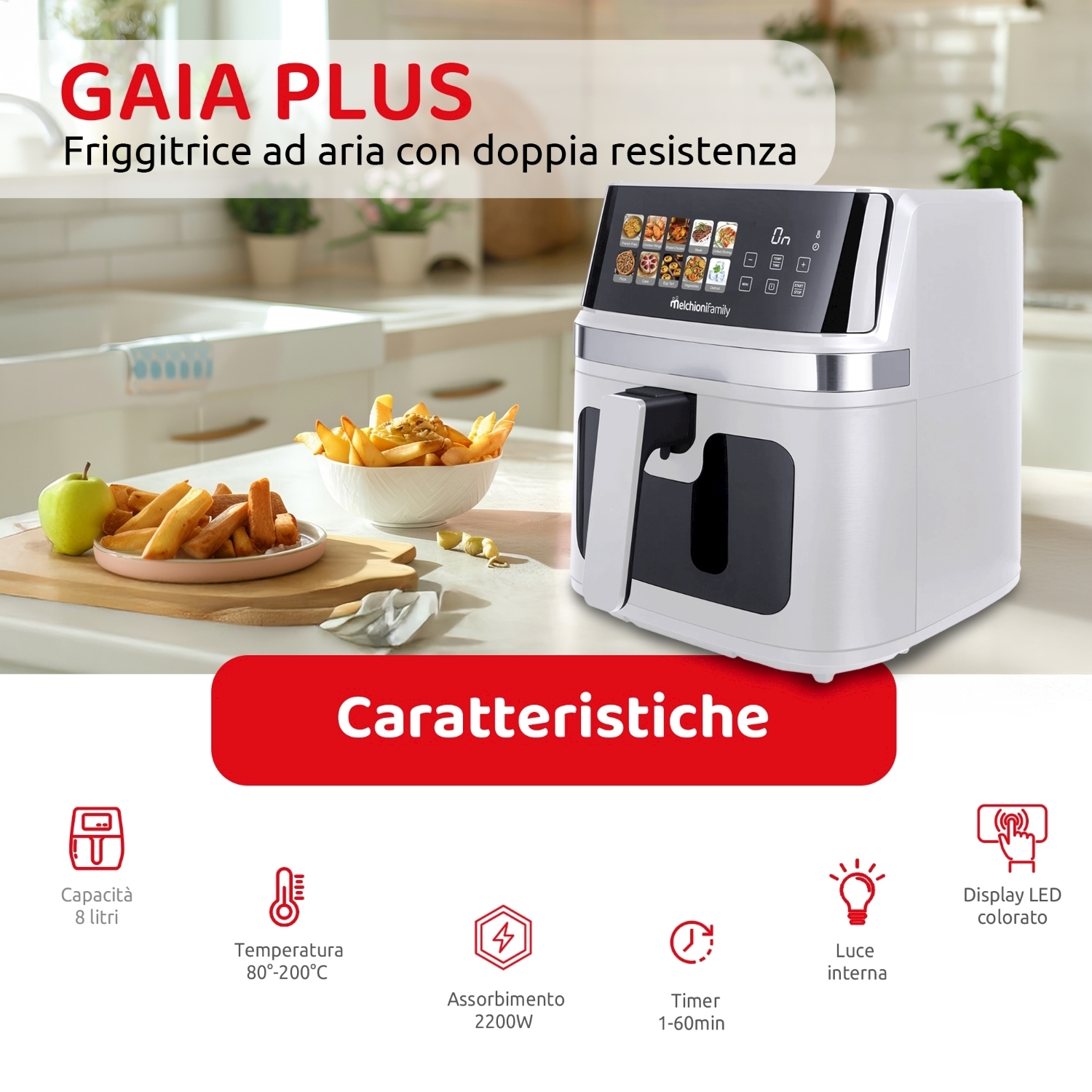 Una friggitrice ad aria con cibo, una mela e testo. La friggitrice è bianca con uno schermo. Il testo include 'GAIA PLUS' e 'Caratteristiche'.