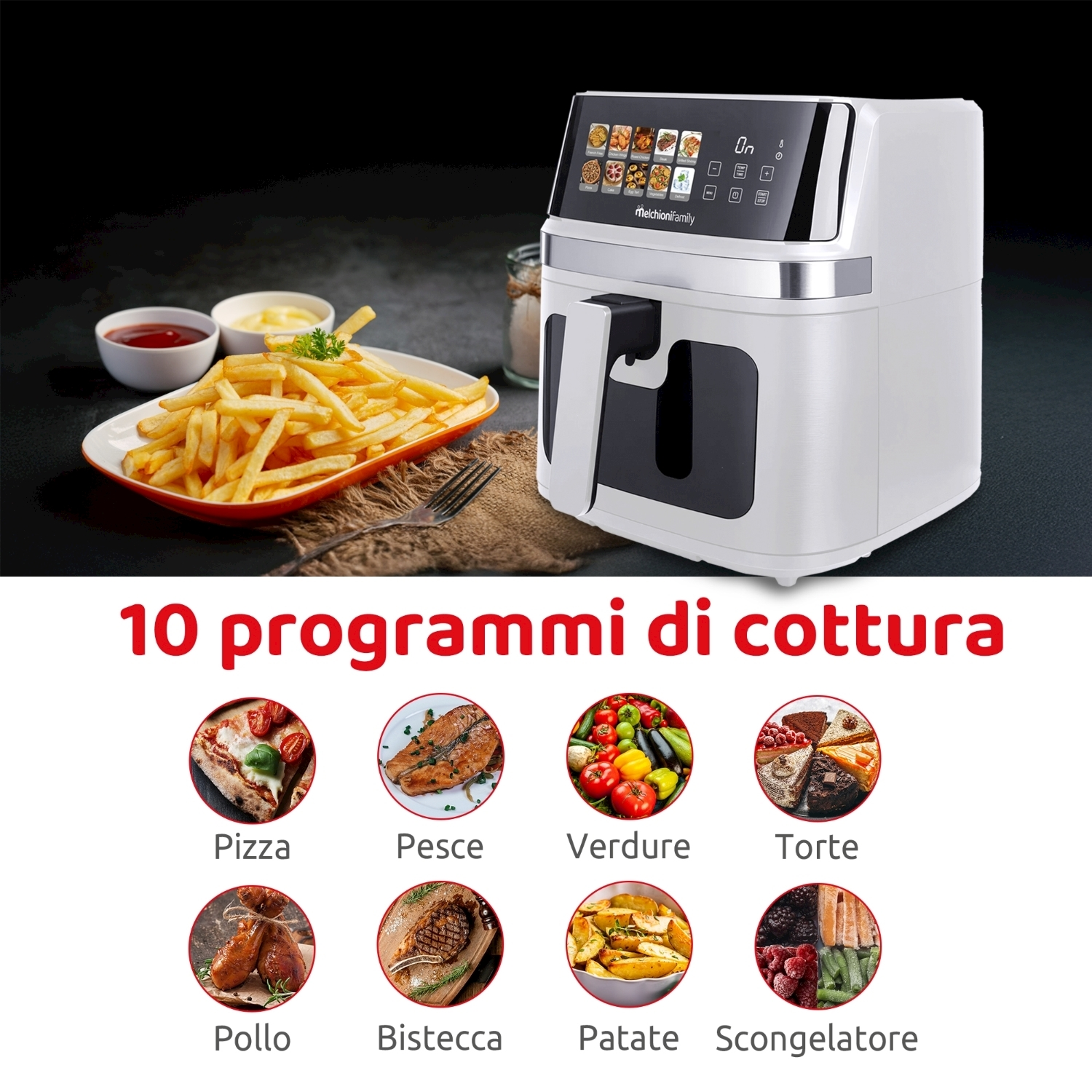 Una friggitrice ad aria con patatine fritte, salse e programmi di cottura. La friggitrice è bianca con display digitale, la scena include cibo.