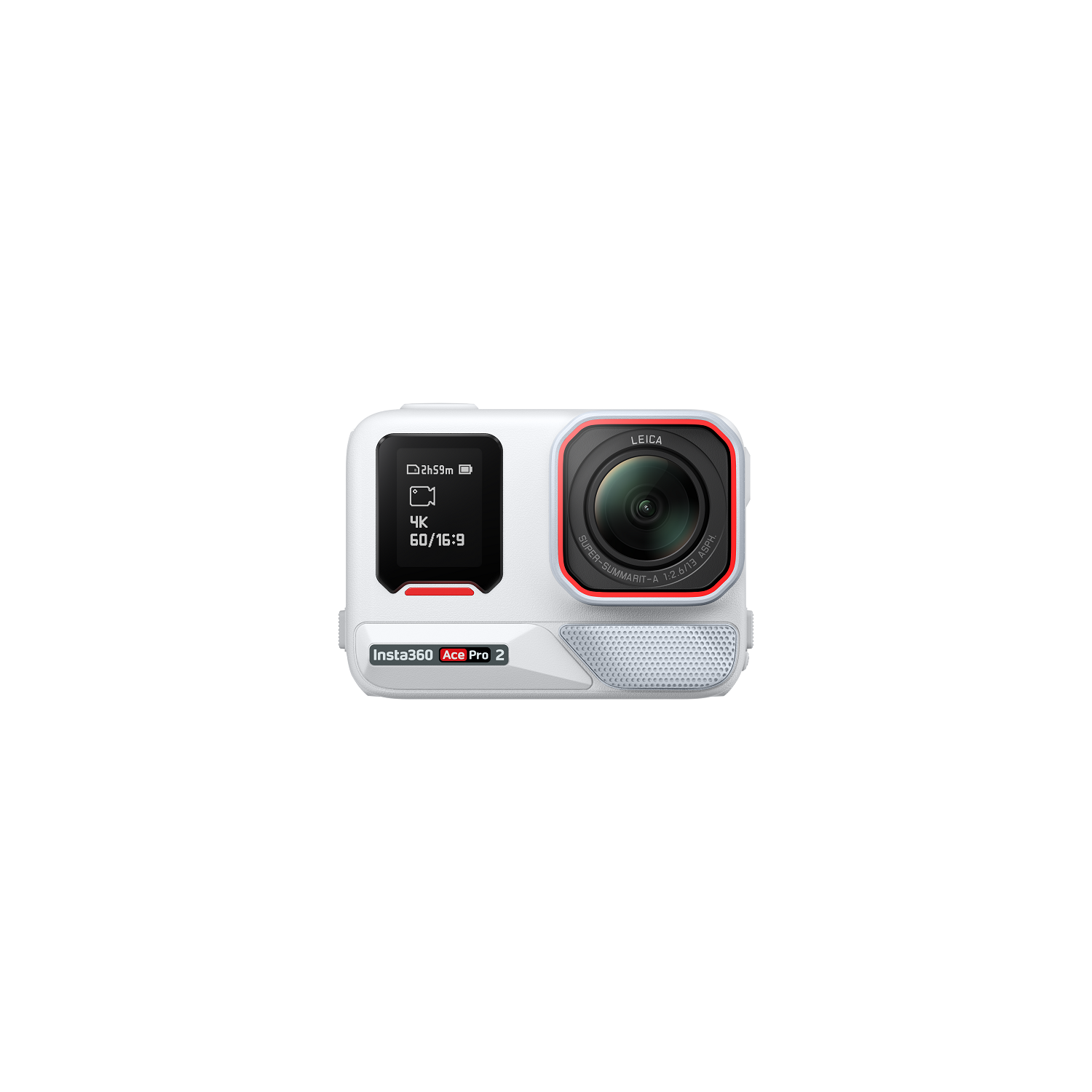 Beyaz bir Insta360 Ace Pro 2 kamera. 4K 60/16:9 gösteren bir ekranı ve bir Leica lensi var. Pil ömrü 2 saat 59 dakika.