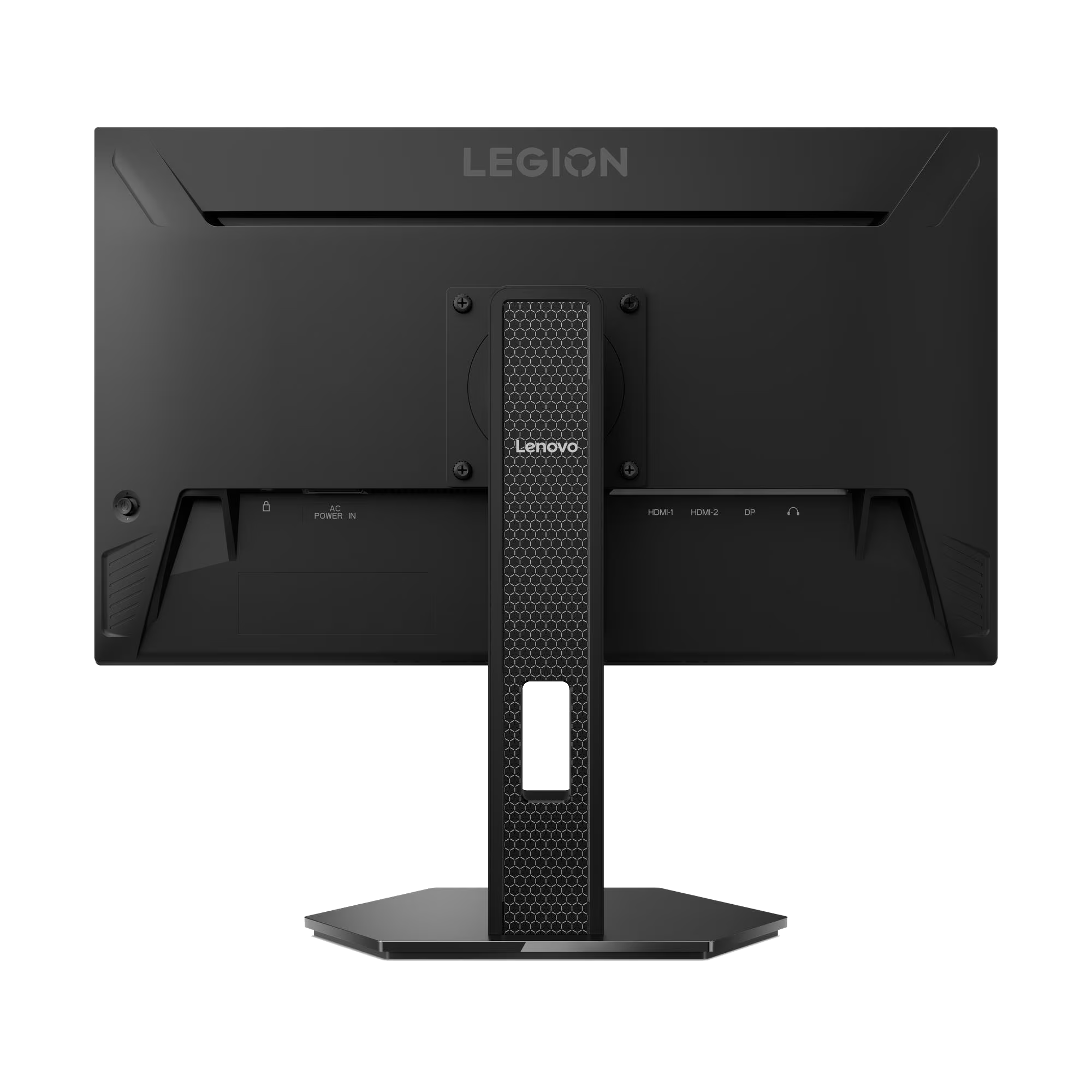 La parte trasera de un monitor Lenovo Legion negro. Tiene un soporte y puertos.